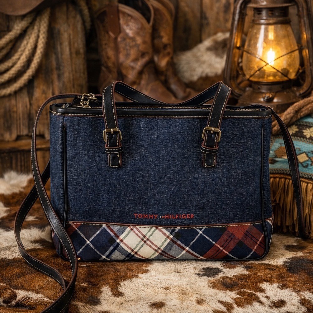 Tommy Hilfiger Denim Plaid Shoulder Bag Tote Purse Y2K Preppy Classic