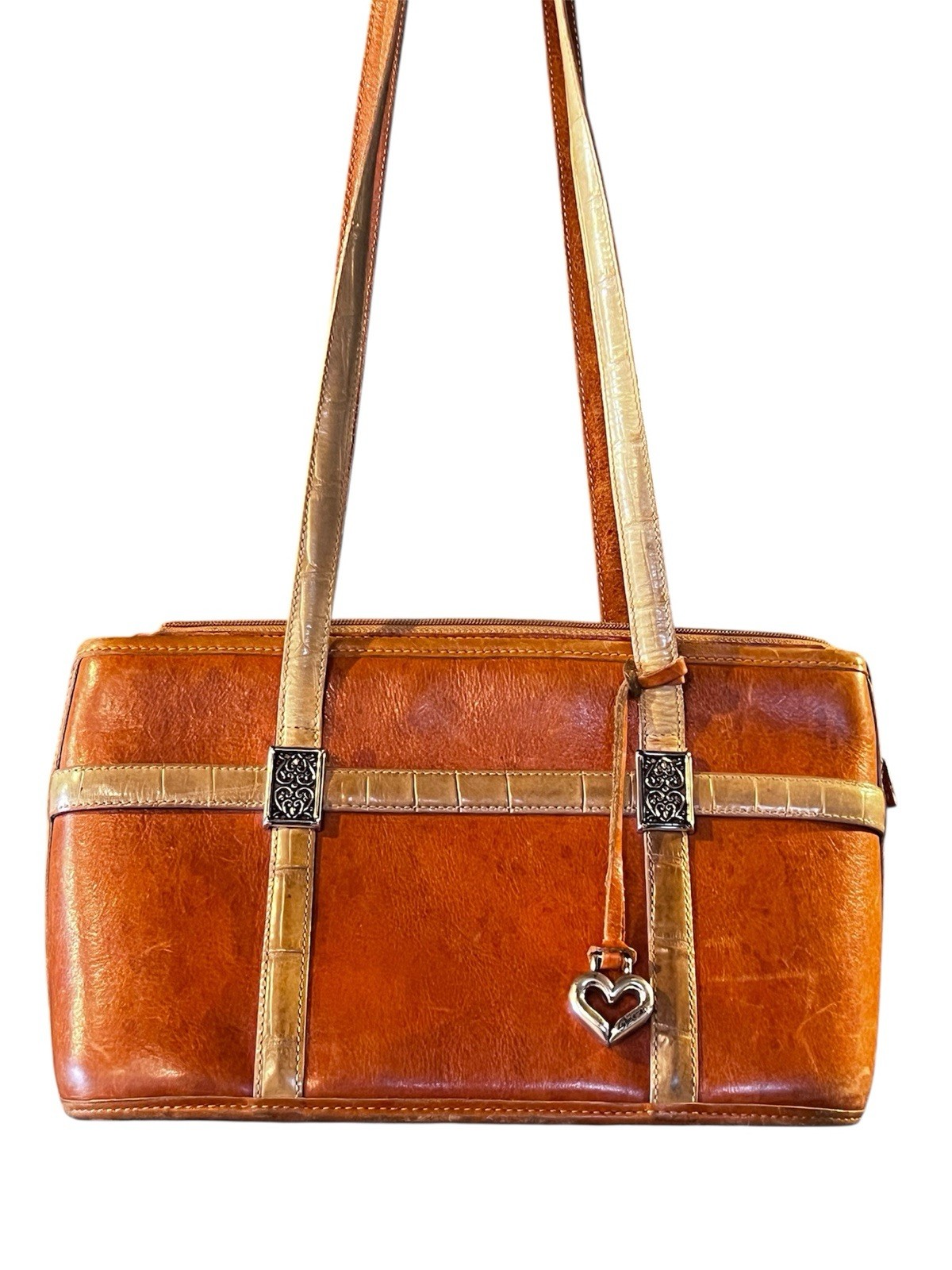 Brighton Leather Croc Trim Shoulder Bag Russet Brown Purse Vintage BOHO Ex Cond