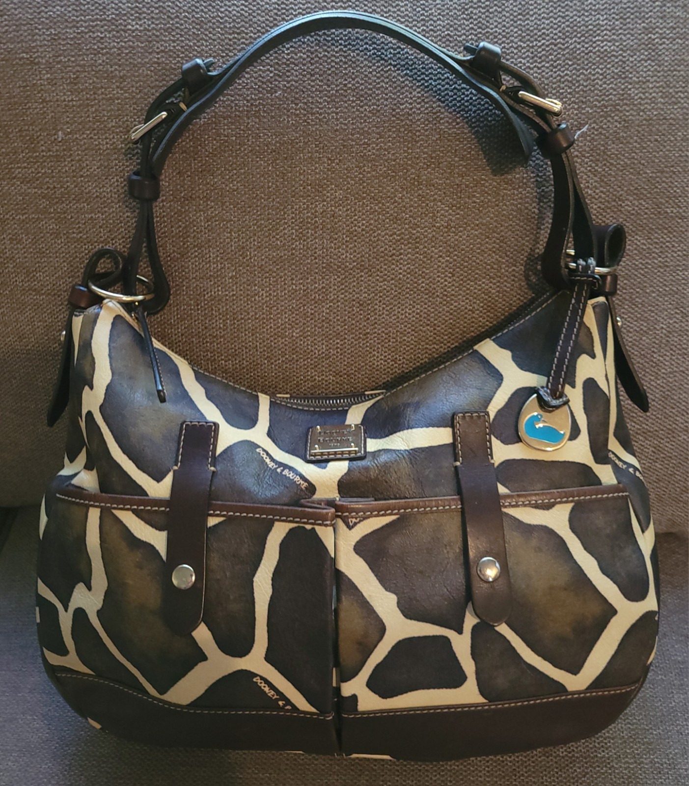 Vintage Dooney & Bourke Giraffe Print Brown/Ivory Canvas&Leather Hobo HandbagGUC