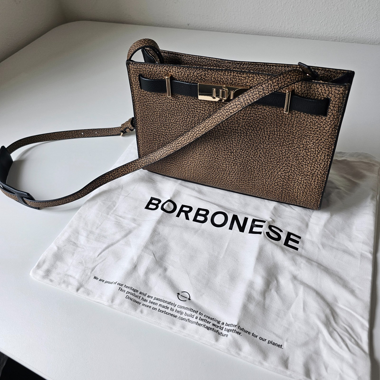 Borbonese Crossbody Bag OP Naturale Nero Brown Black Gold Buckle Luxury Italy