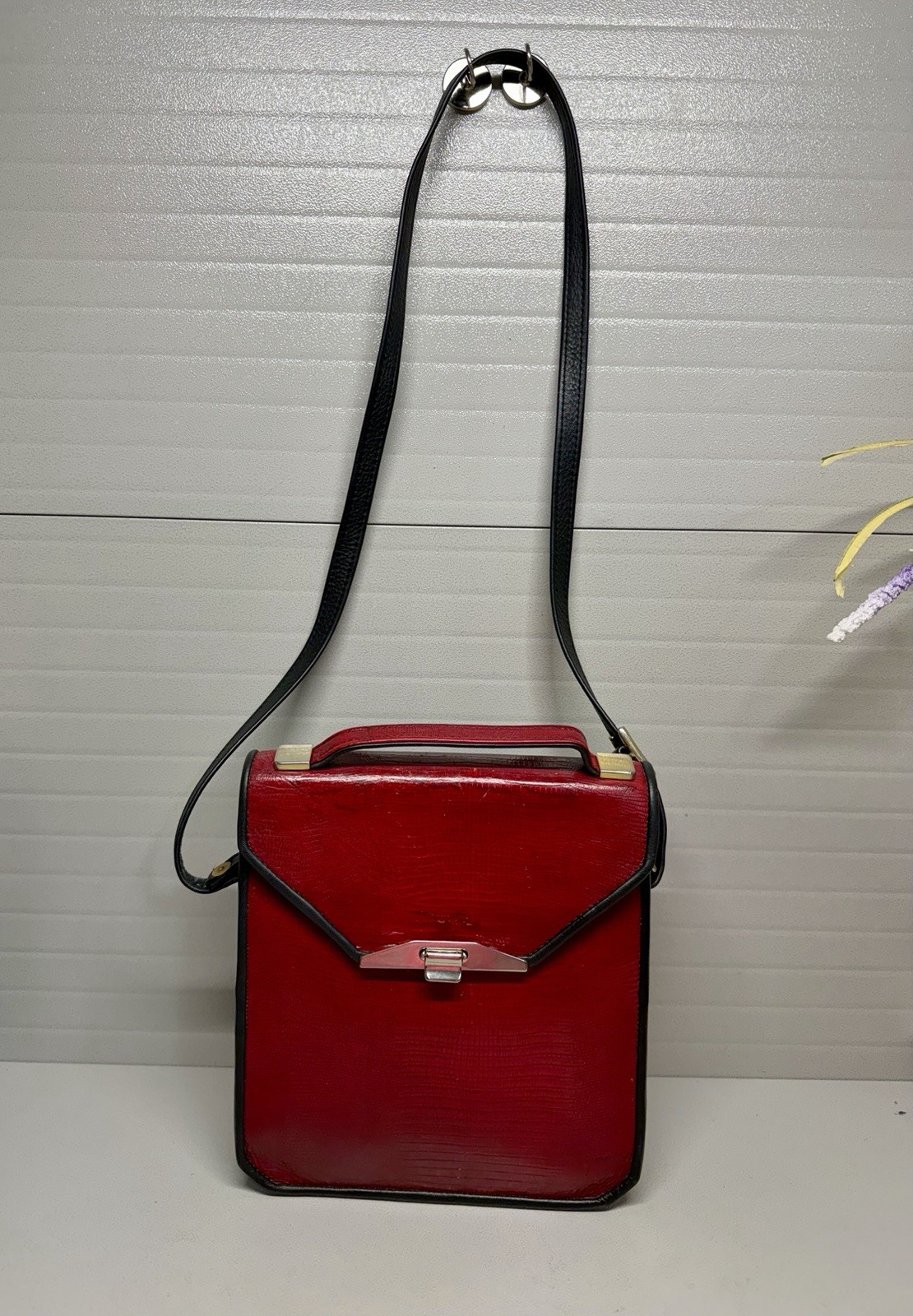 Vintage Classic Red/Black Leather Station Small Crossbody Bag Color Block-Cute!