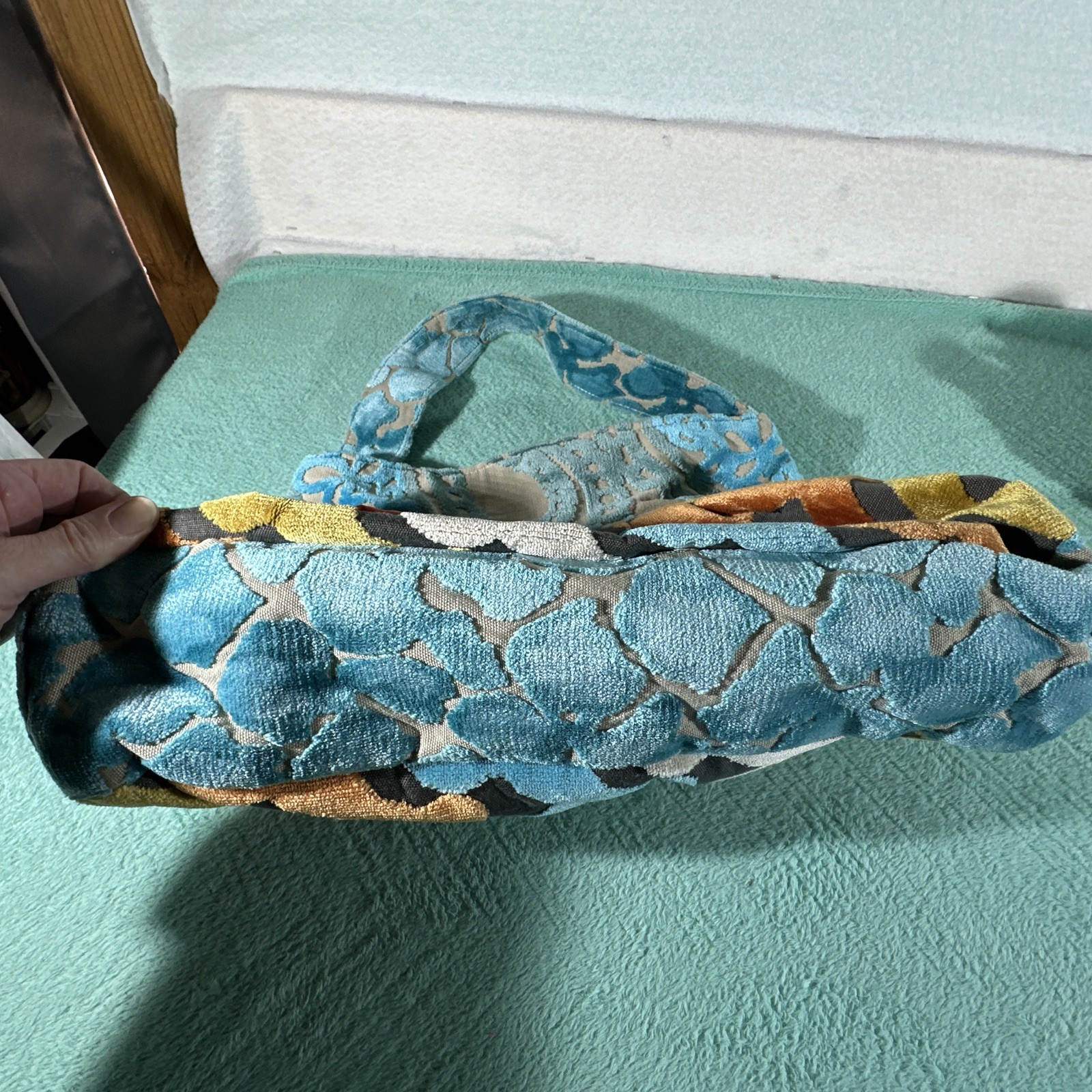 “Lola Blue” Carpet Tapestry Shoulder Bag Blue and orange