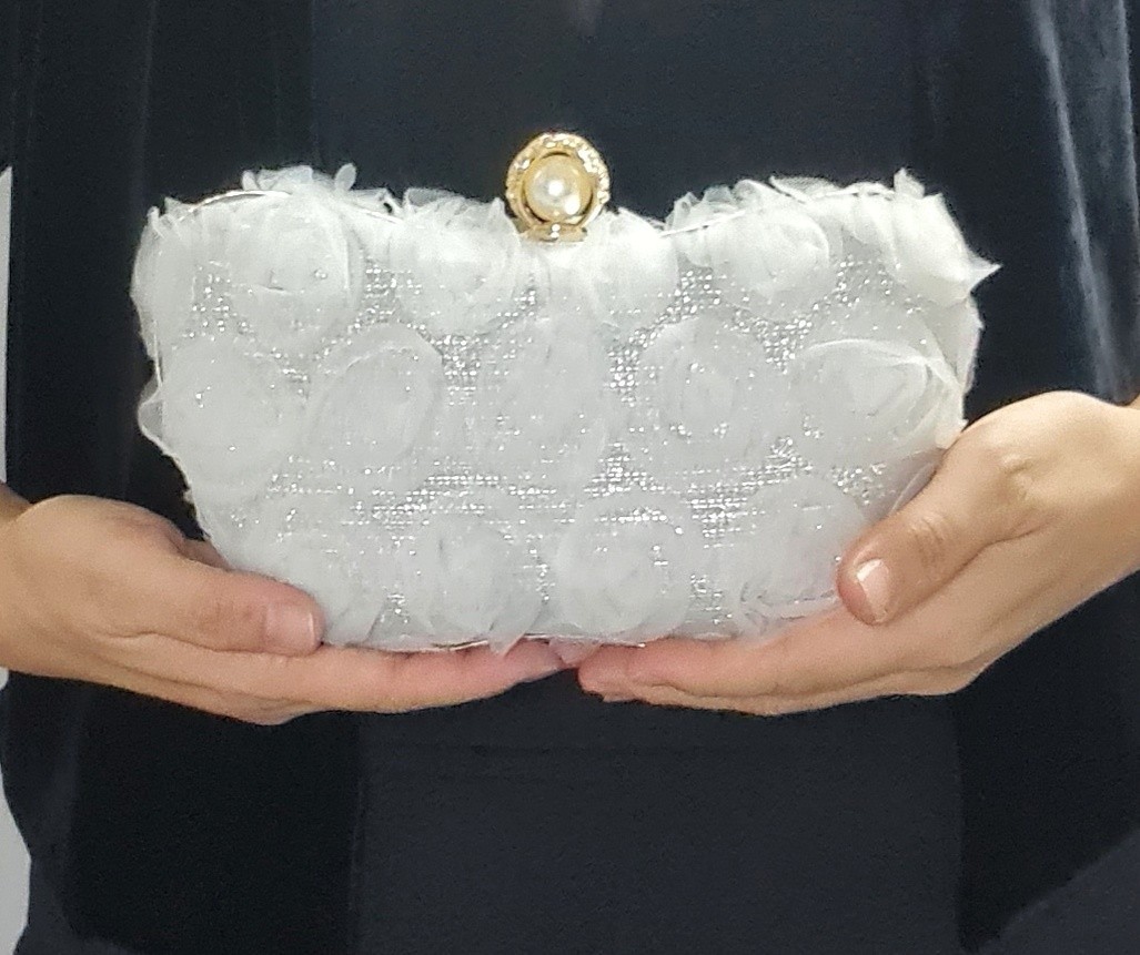 White Floral Evening Clutch Rose Bridal Wedding Purse Pearl Crystal Chain Bag