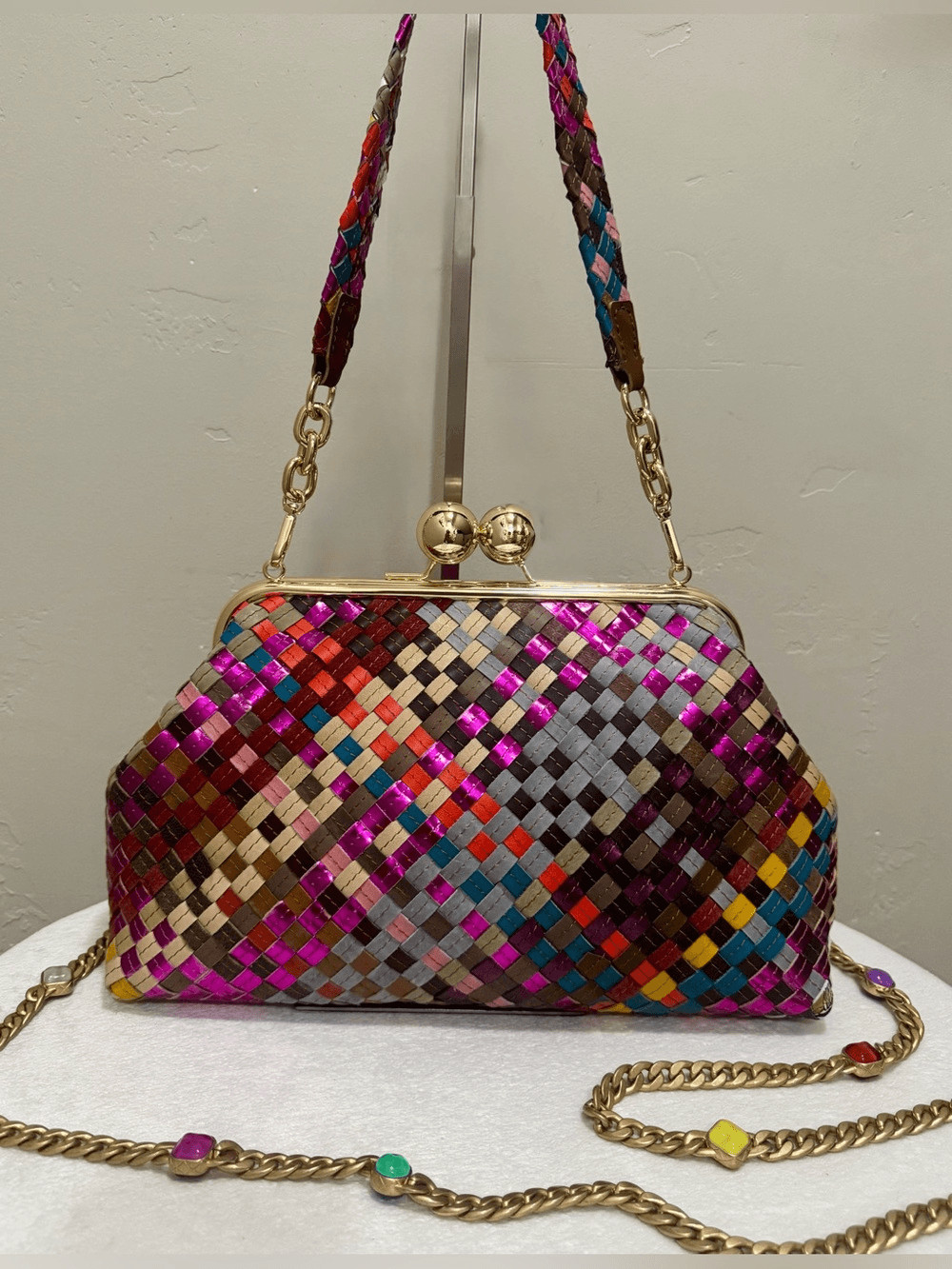 Handmade & Handwoven Leather Retro Style Rare Large Ball kisslock Frame Bag