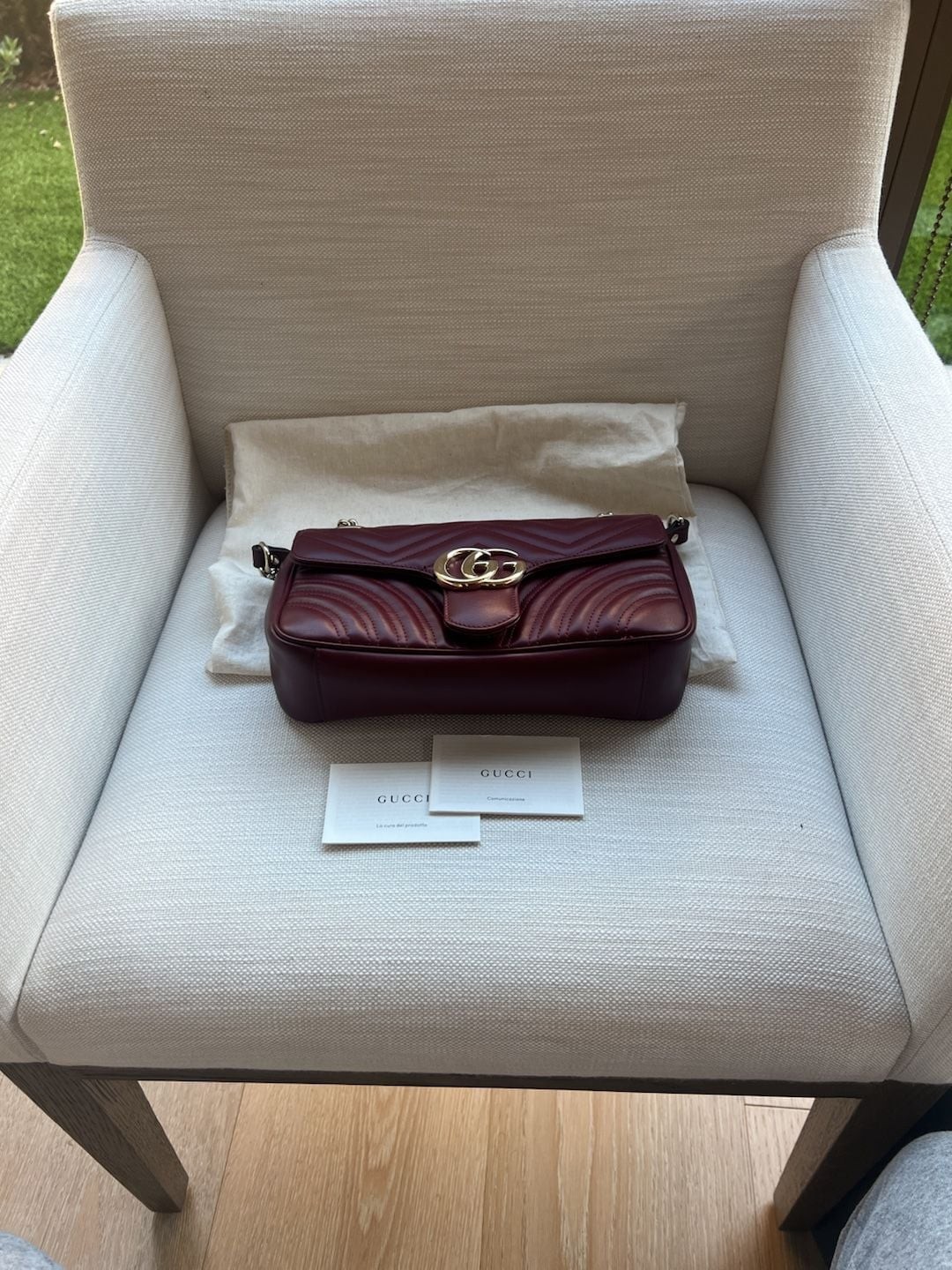 Gucci GG Marmont Small Shoulder Bag in Bordeaux Matelassé Leather