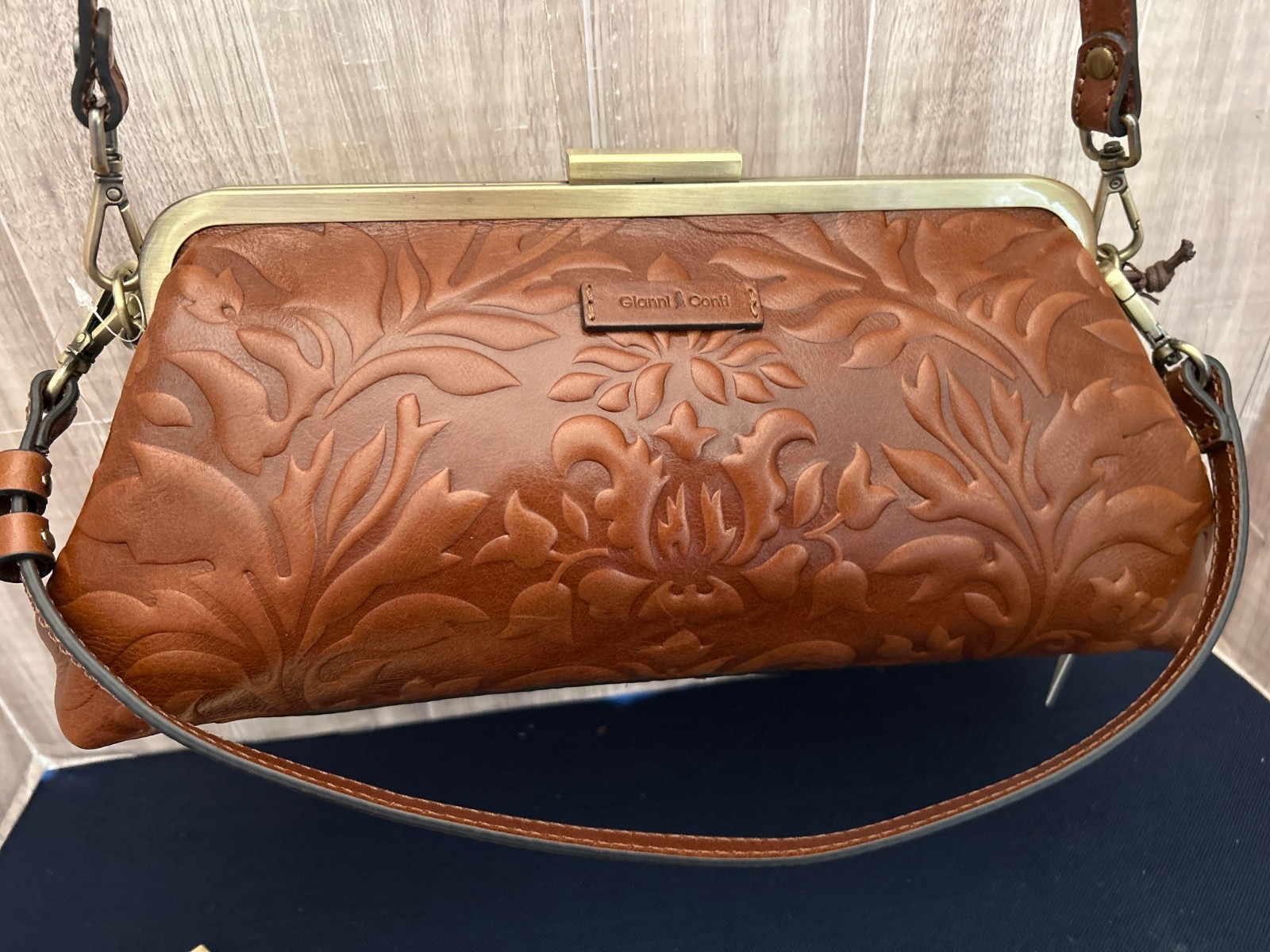 NEW Gianni Conti Embossd/Tool Framed Bourbon Brown Leather Purse/Crossbody~Italy