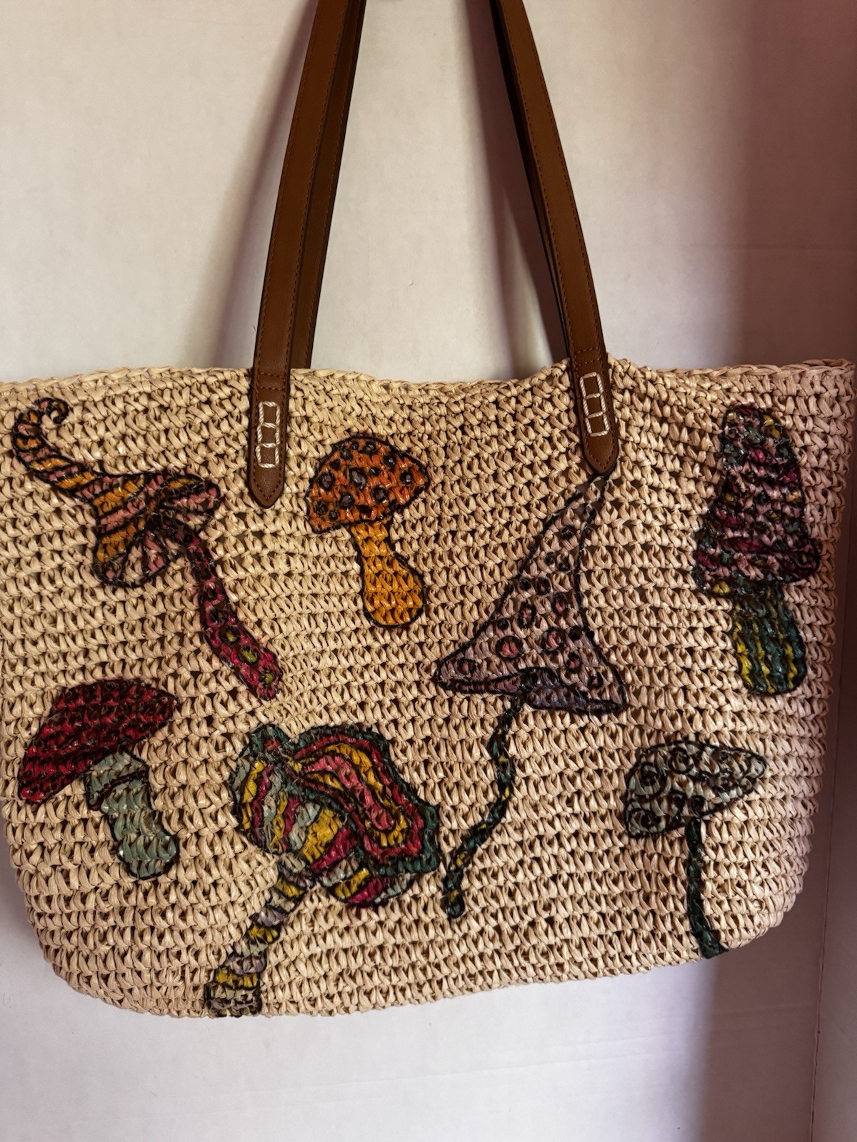 INC Mushrooms Straw Large Beach Tote Bag Purse International Concepts 15×20