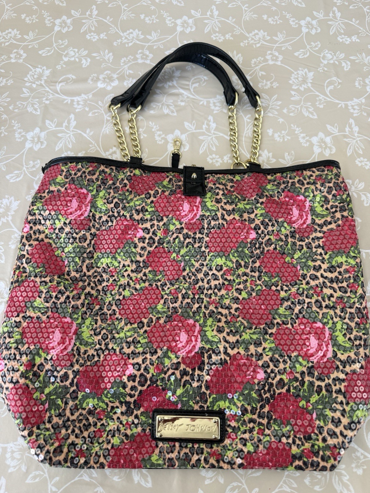 Betsey Johnson Multicolor Floral Leopard Tote Bag Sequin Zip Chain Handles Charm