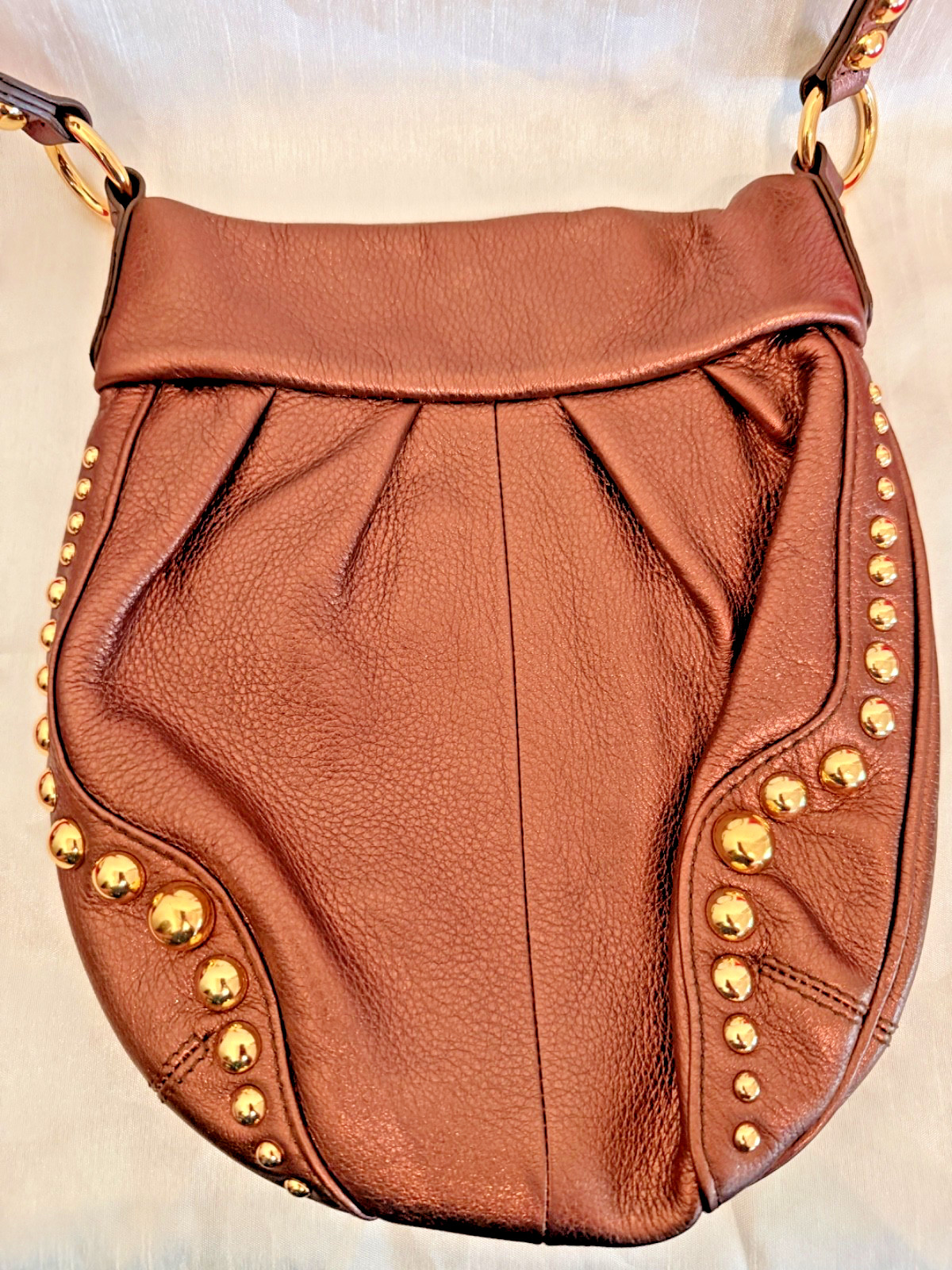 B Makowsky Bronze Metallic Leather Crossbody Bag! Gold Studded & Gorgeous!