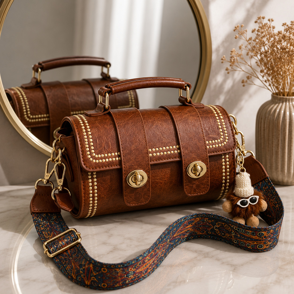 Women’s Barrel Crossbody Bag Faux Leather Top Handle Purse Brown Boho New