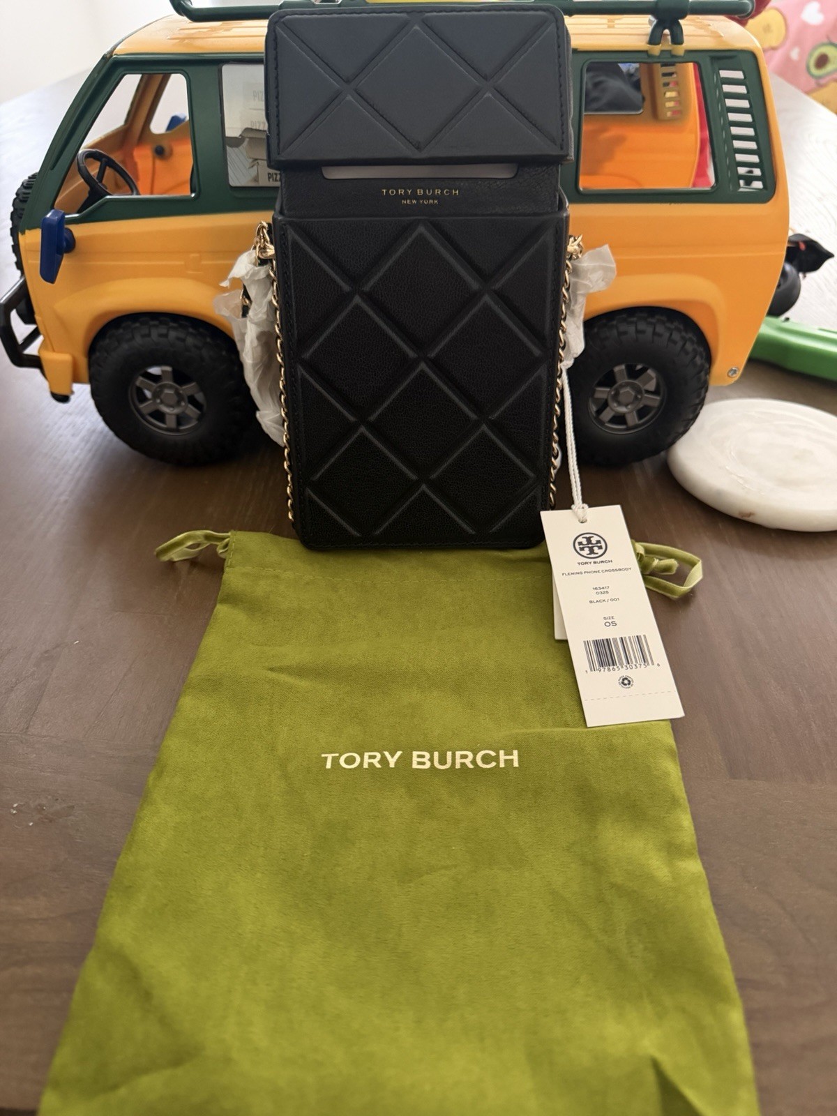 Tory Burch Fleming Phone Crossbody Black Quilted Flap Gold Hardware Dust Bag