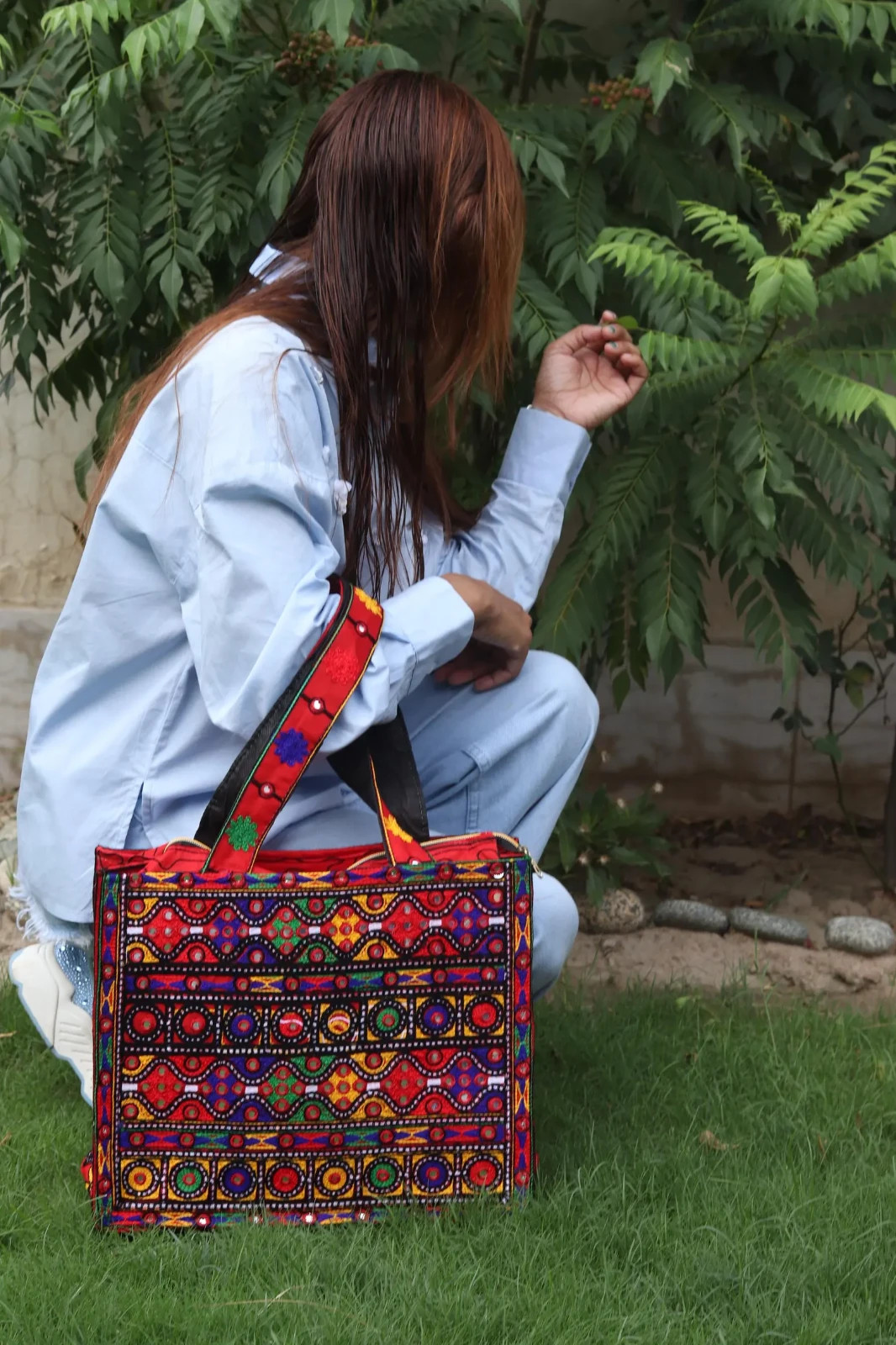 Handmade Embroidered Sindhi Tote Bag, Pakistani Ethnic Shoulder Boho Festival Ha