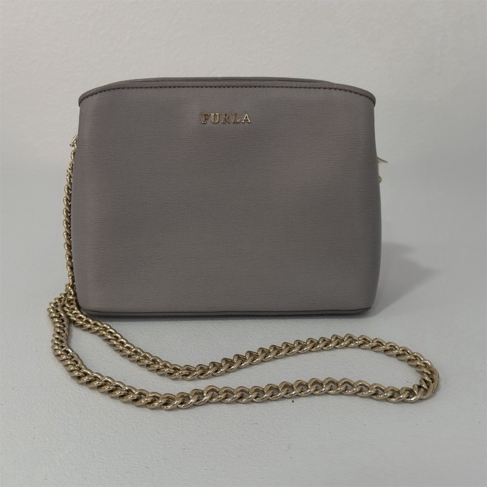 Furla Gray Crossbody Bag Gold Chain Strap Zip/Magnetic Closure Lined Logo