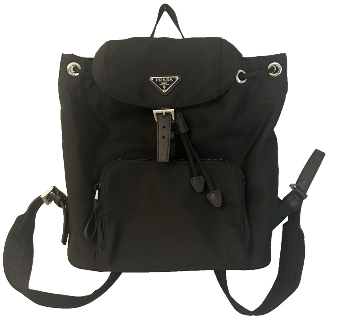 Authentic Prada Black Nylon Backpack Leather Trim Silver Hardware Excellent NEW