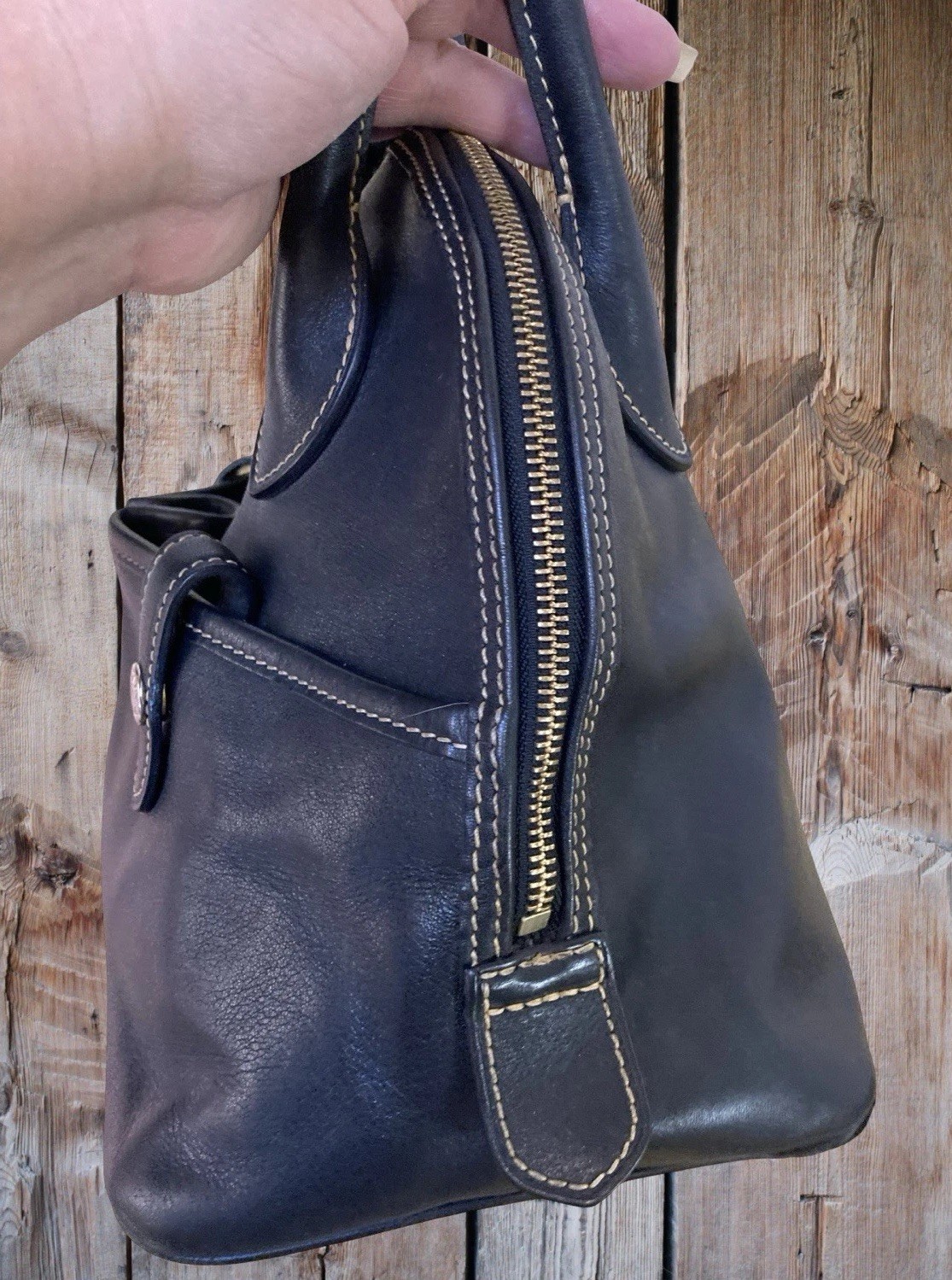 Dooney Bourke All Black Florentine Vacchetta Leather Domed Satchel Tote Bag