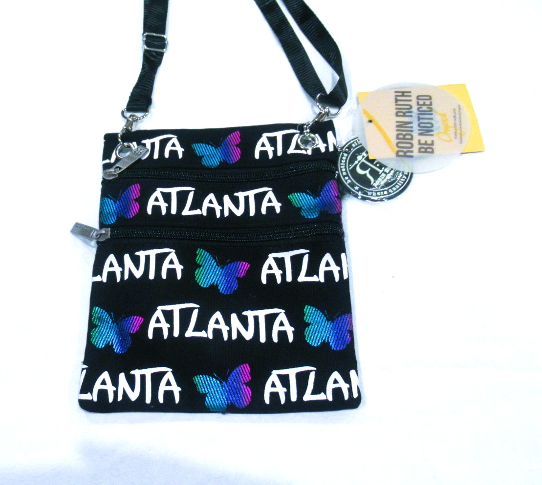 Robin Ruth Atlanta purse, black with blue butterflies crossbody, NWT