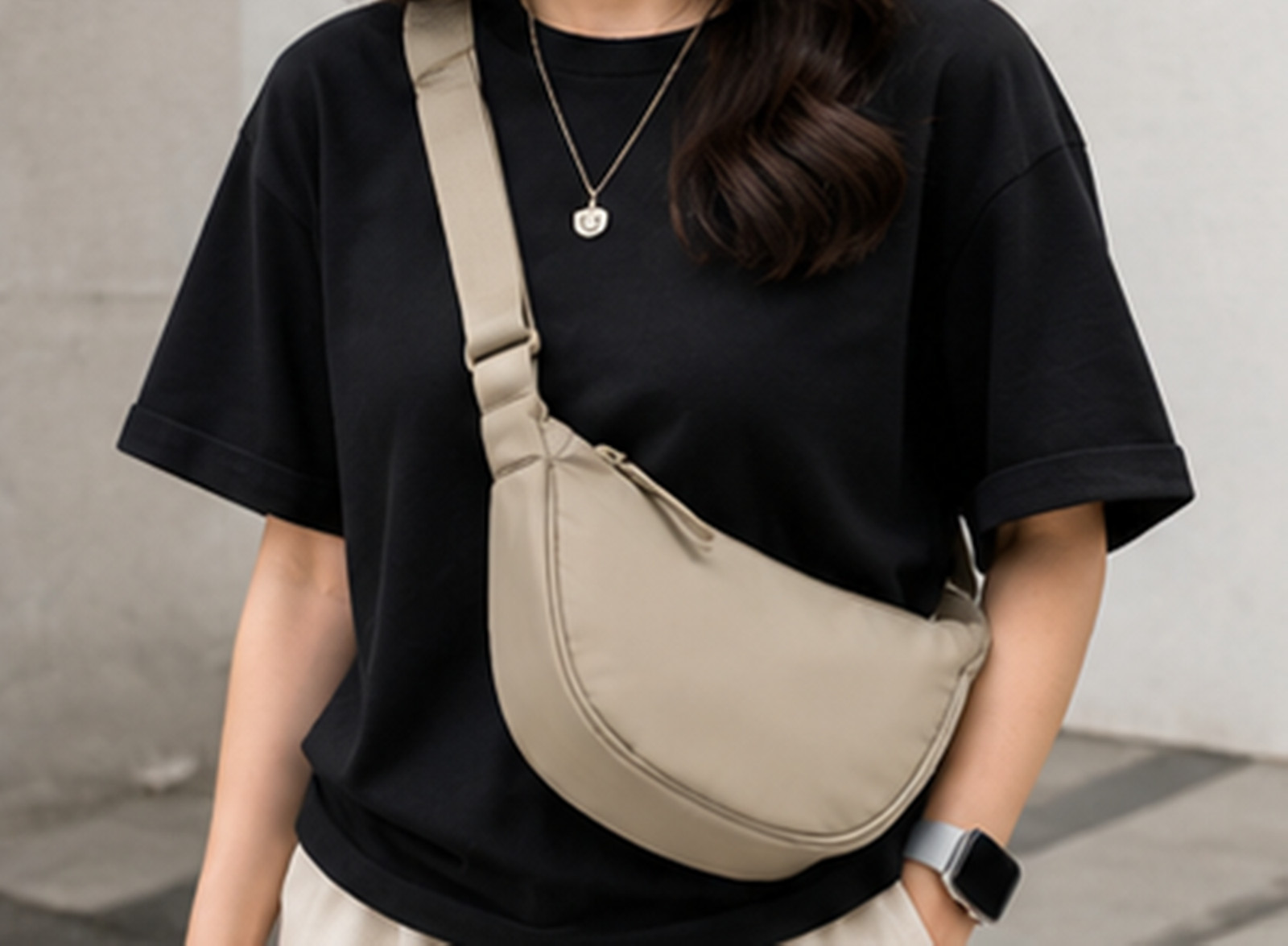 Minimalist Nylon Crescent Bag, Neutral Beige Half Moon Shoulder Bag