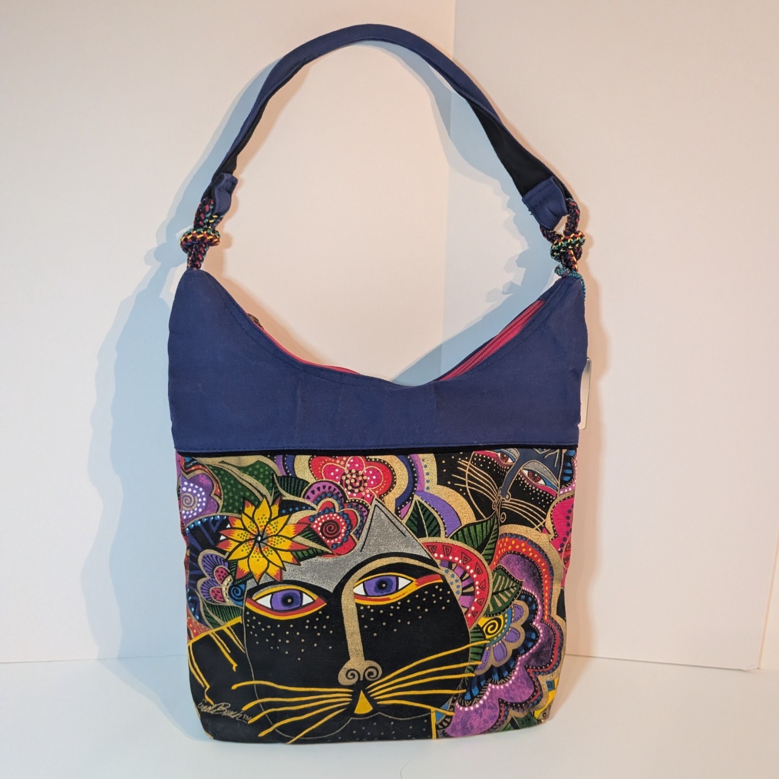 Laurel Burch Felines & Floral Cat Shoulder Bag Purse w Charm, Canvas Market Tote