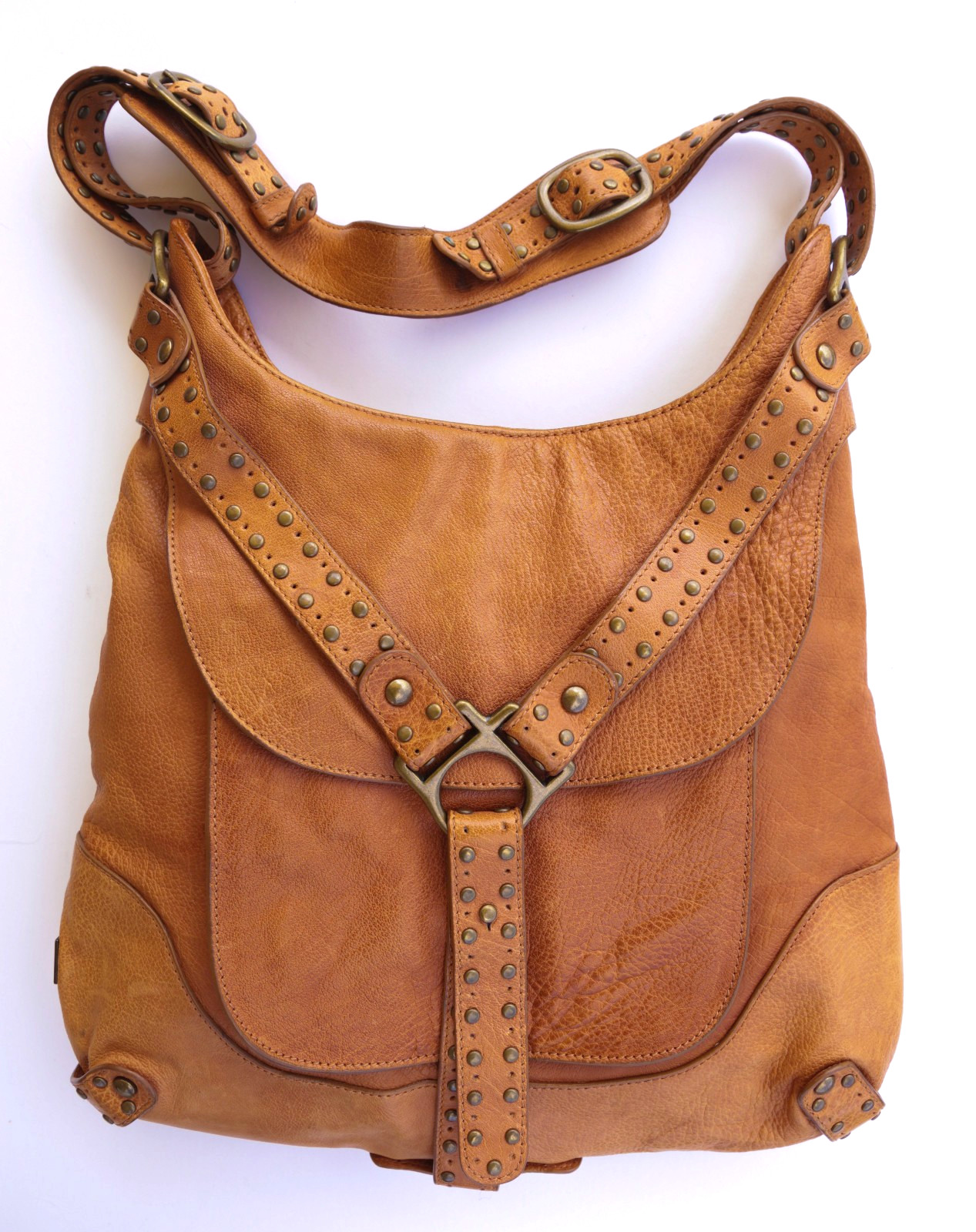 Y2K Kooba Boho Leather Shoulder Bag Studded Harness Strap Caramel Butterscotch