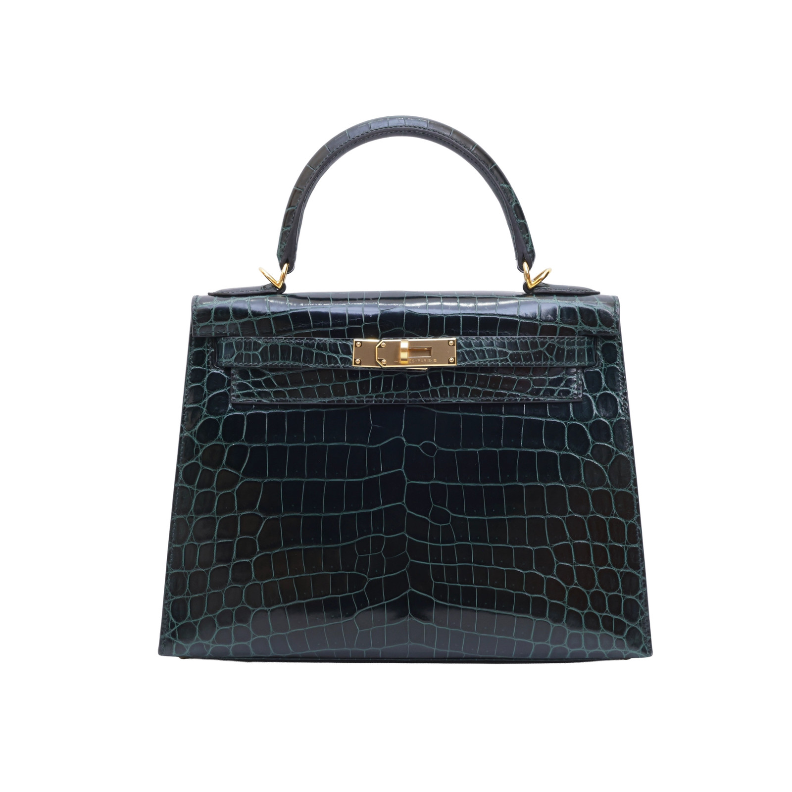 Hermès Kelly 28 Vert Cypress Shiny Niloticus Crocodile GHW U Stamp 2022 Ltd