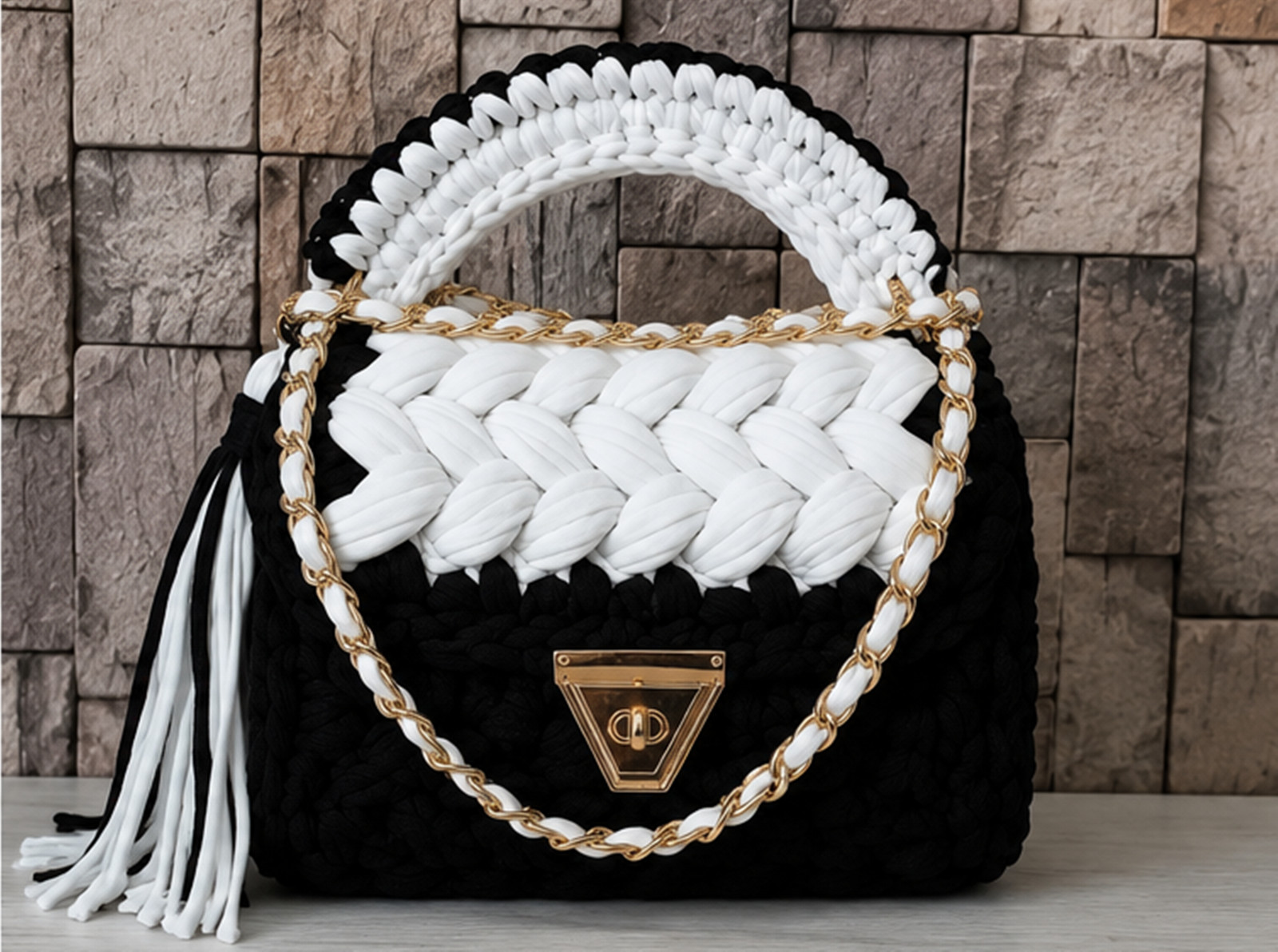 Black & White Crochet Handbag, Handmade T-Shirt Yarn Purse, Luxury Chain