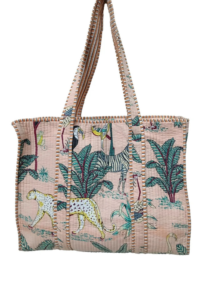 Indian Cotton Quilted Tote Bag Peach Print Handmade Shoulder Bag