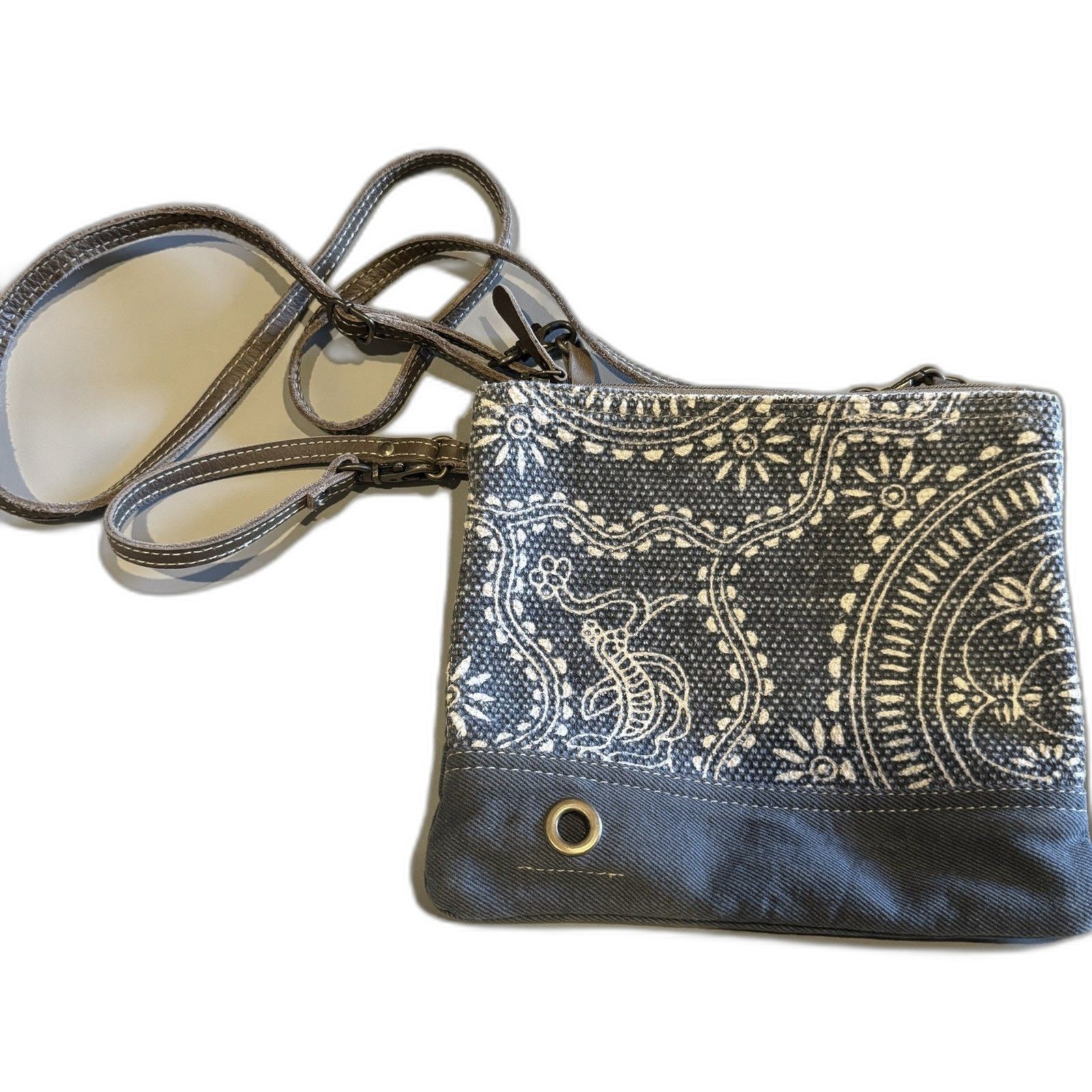 Myra Crossbody Bag Gray Canvas Floral Adjustable Strap 9.5×8 Inch Boho Travel