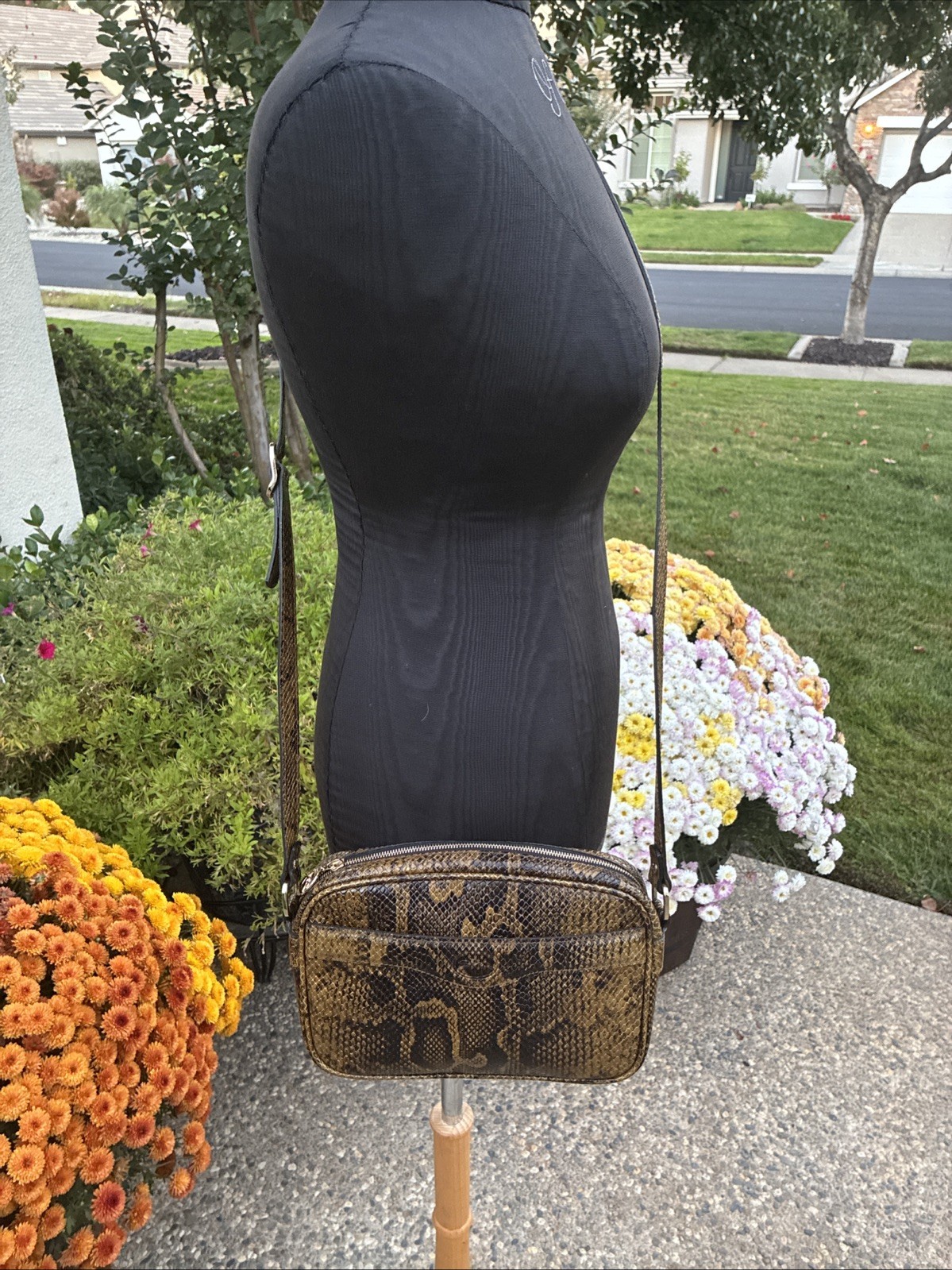 Longchamp Python Snake Print Leather Shoulder Bag Purse Crossbody Browns