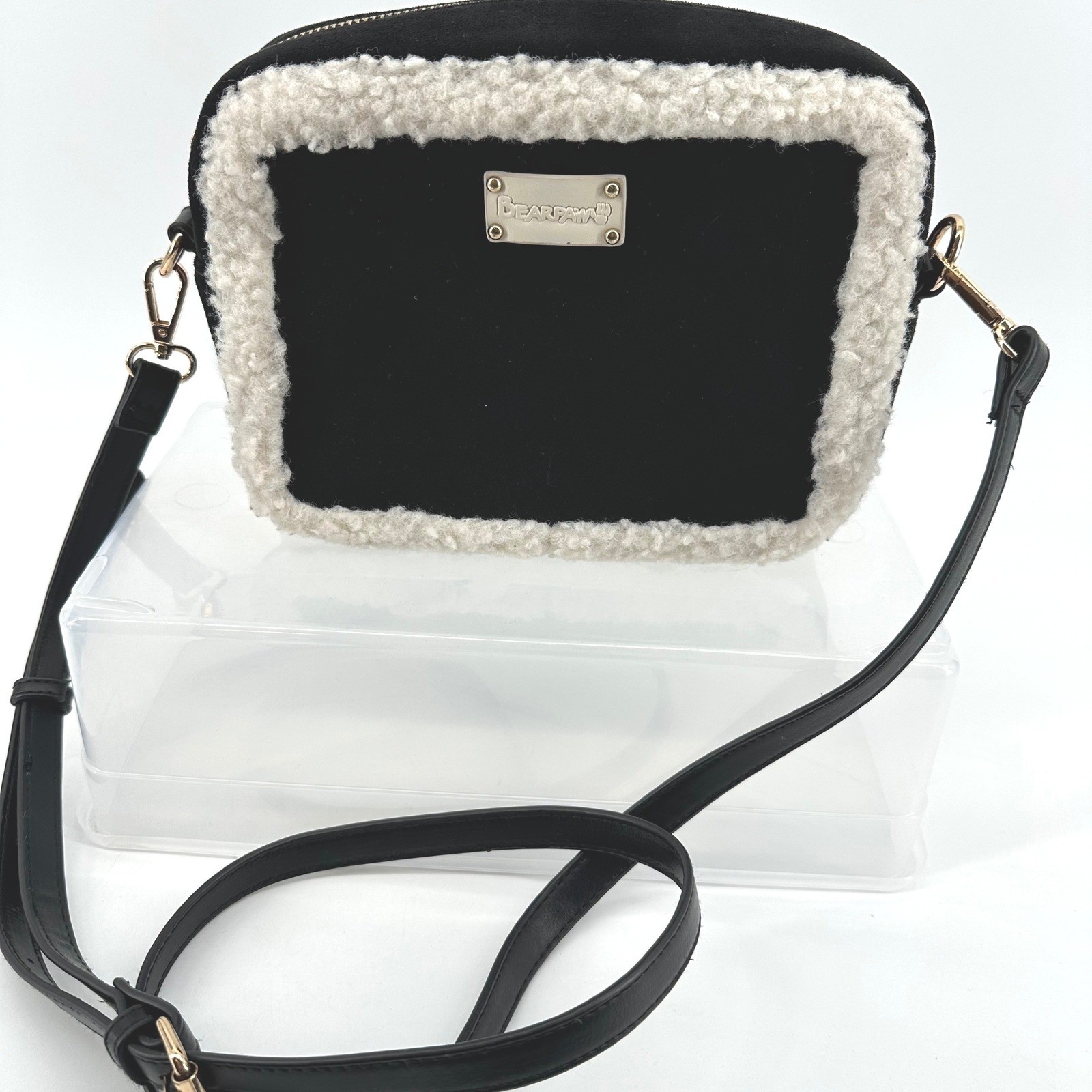 Bearpaw Crossbody Bag Womens Black Sherpa Trim Faux Suede Boho Cabincore