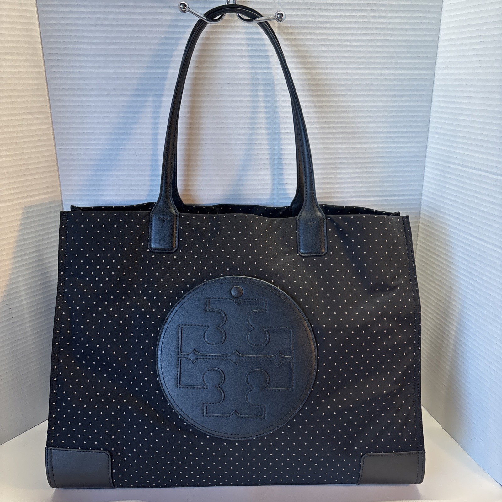 Tory Burch Black and white polkadots Leather Nylon Large Tote 17x13x5 NWOT!!!