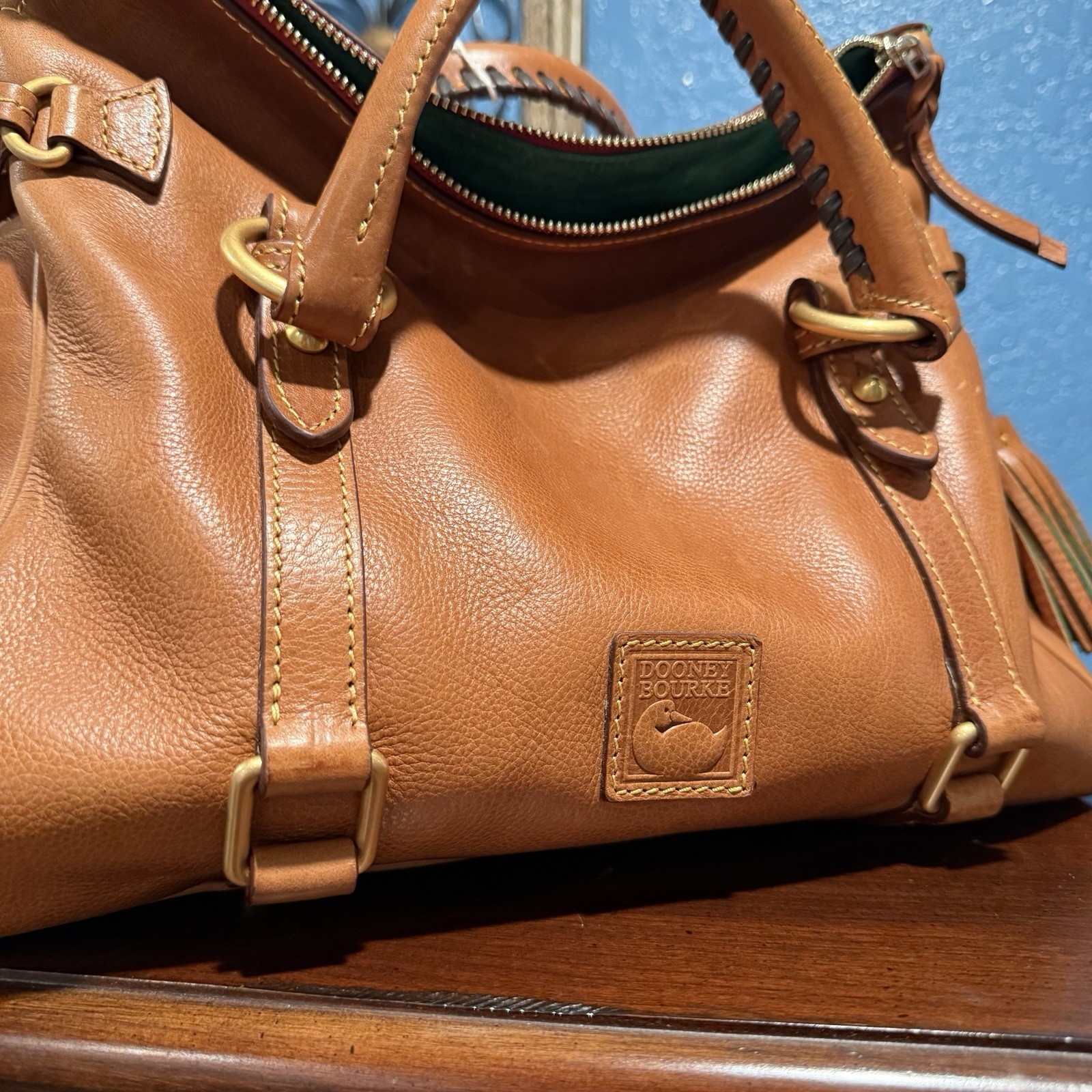 Dooney & Bourke Florentine Natural Satchel, Zip Tassel, Strap, Gold, Pockets