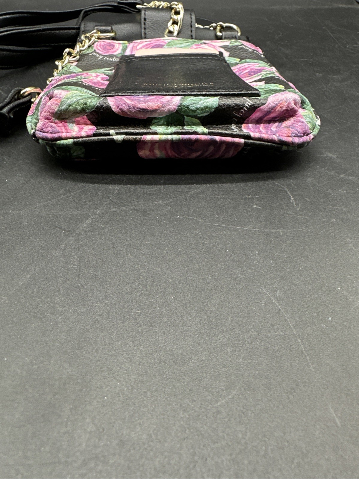 JUICY COUTURE MINI CROSSBODY PURSE PHONE ID HEART FLORAL 5″ X 7″ BLACK PINK