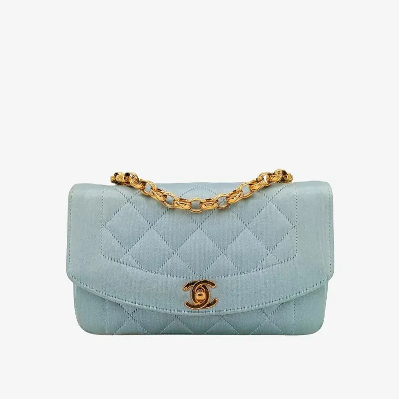 CHANEL Vintage Light Blue Satin Gold Chain 19cm Diana Flap Bag