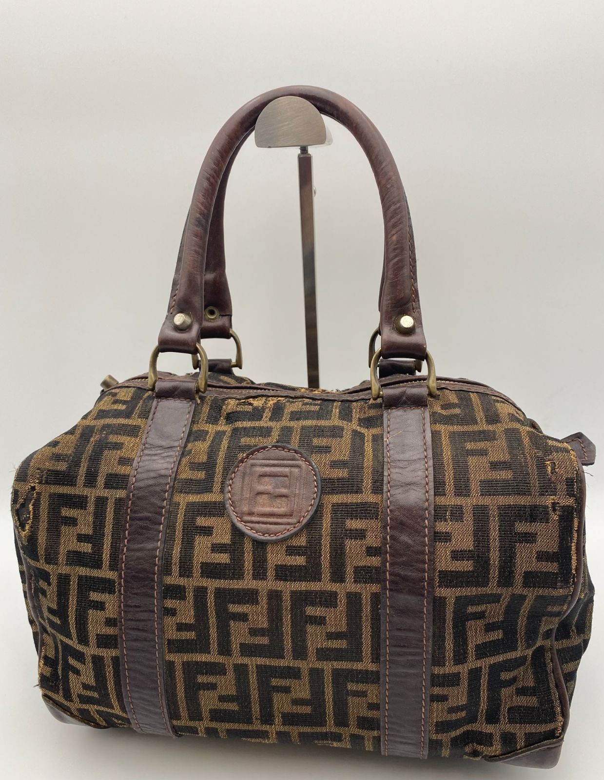 FENDI Zucca Pattern Boston Bag Small Canvas Leather Brown Vintage Approx. 30 cm