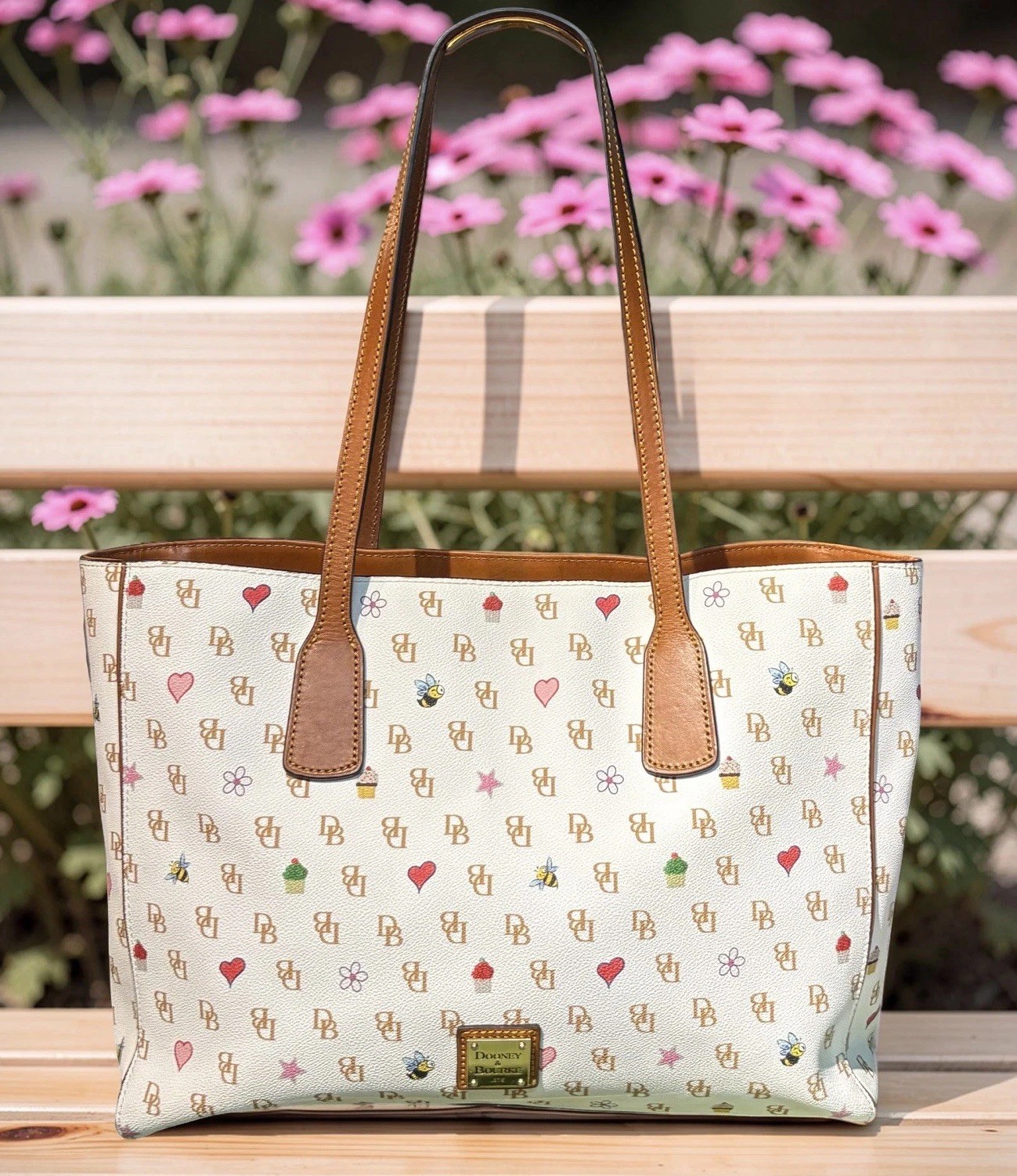 Dooney Bourke White Novelty Gretta Ashton Tote DB Logo Floral Heart Bee Cupcake