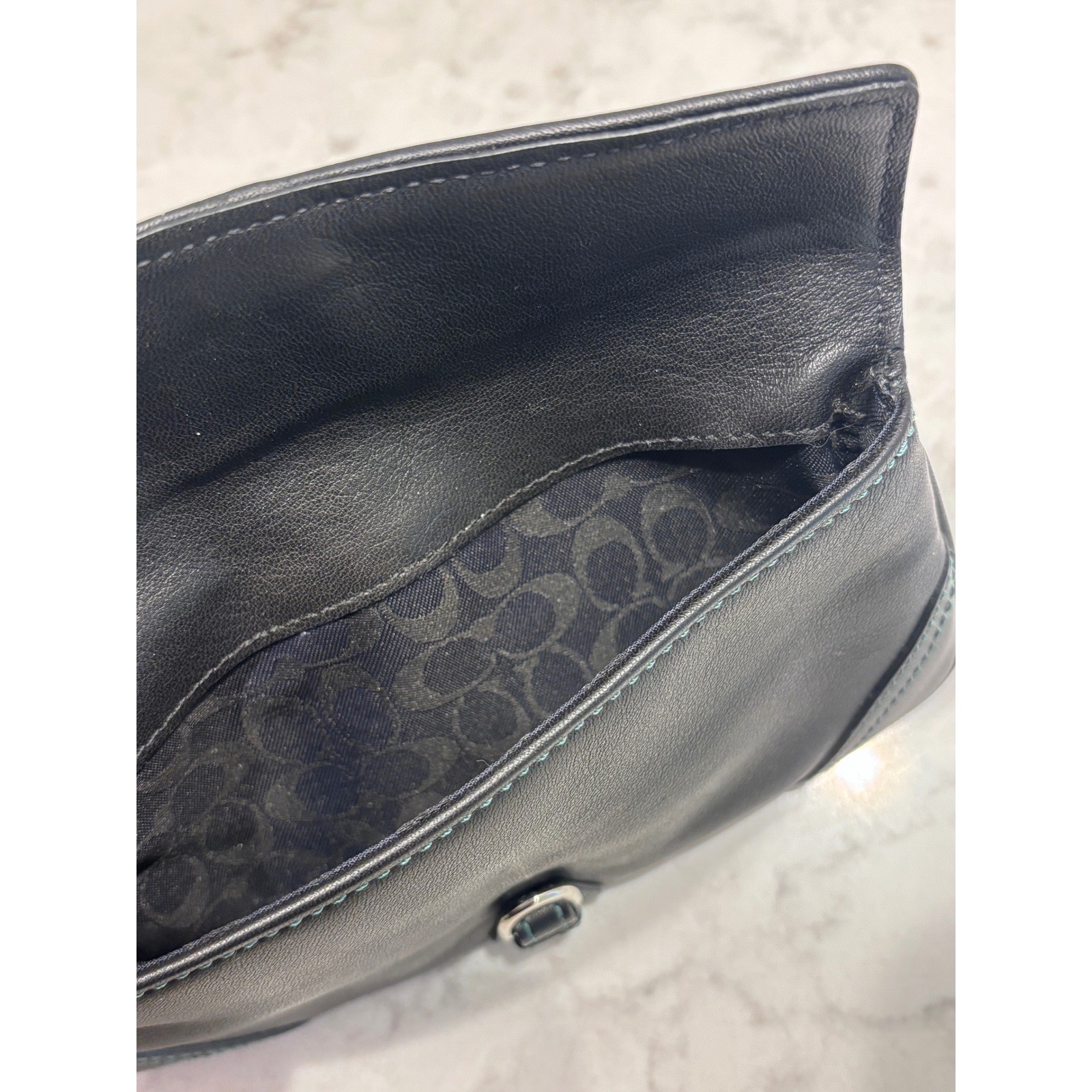 Coach Hamptons Black Leather Wristlet Teal Stitching Lobster Claw Clip Clutch