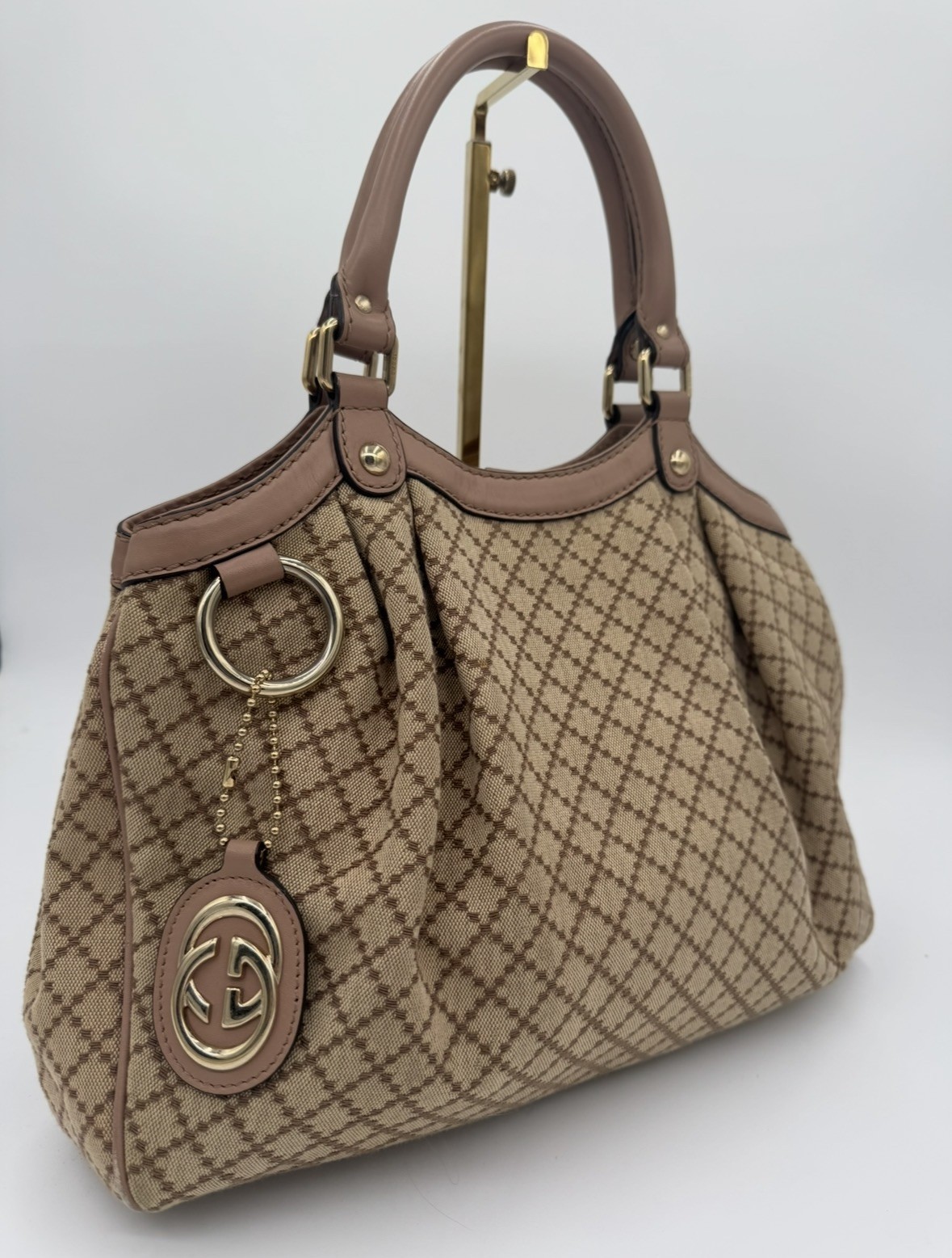 Auth Gucci Sukey Diamante Canvas Leather Beige Tote
