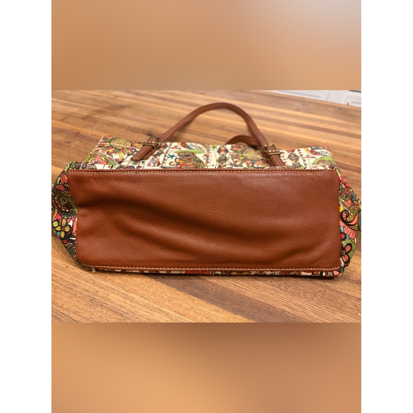 Sakroots Bag Boho Clorful Fun Floral Cream Tote Bag with Brown Handles & charm