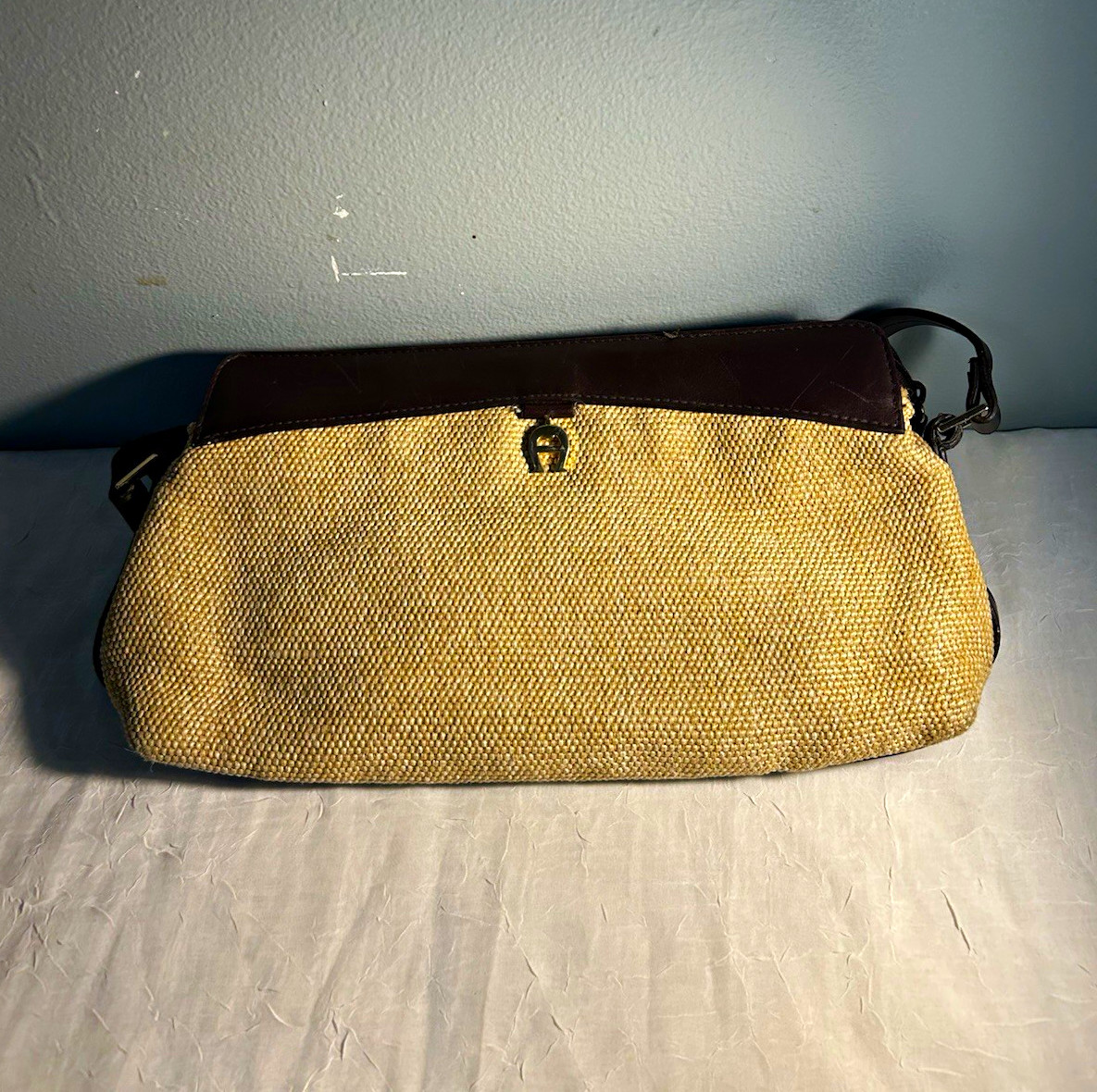 Etienne Aigner Small Beige/Brown Shoulder Bag Zip, Detachable Strap, Logo