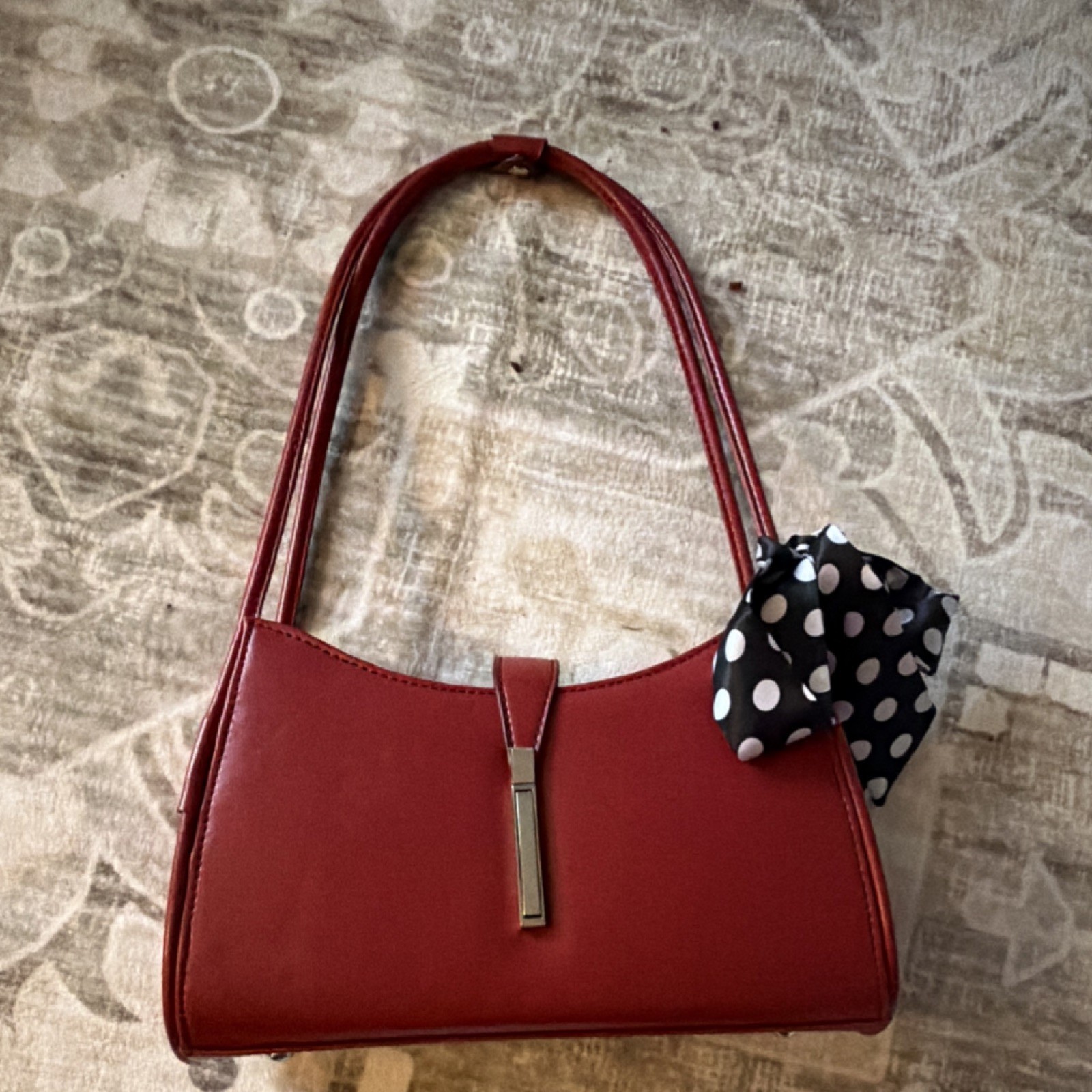 Red Shoulder Bag Polka Dot Bow Metal Accent Silver Hardware Women Retro Small