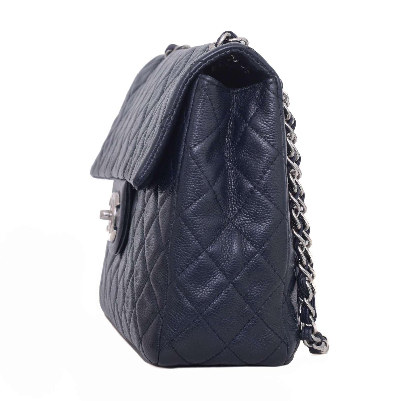 CHANEL Navy Caviar Leather Classic Jumbo Flap Silver CC Chain Shoulder Bag Purse