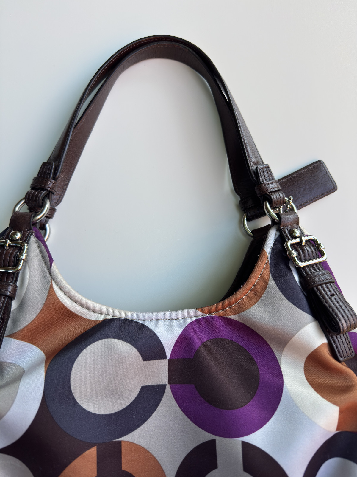 COACH Madison Graphic Op Art Maggie Hobo Bag Purple Brown Sateen