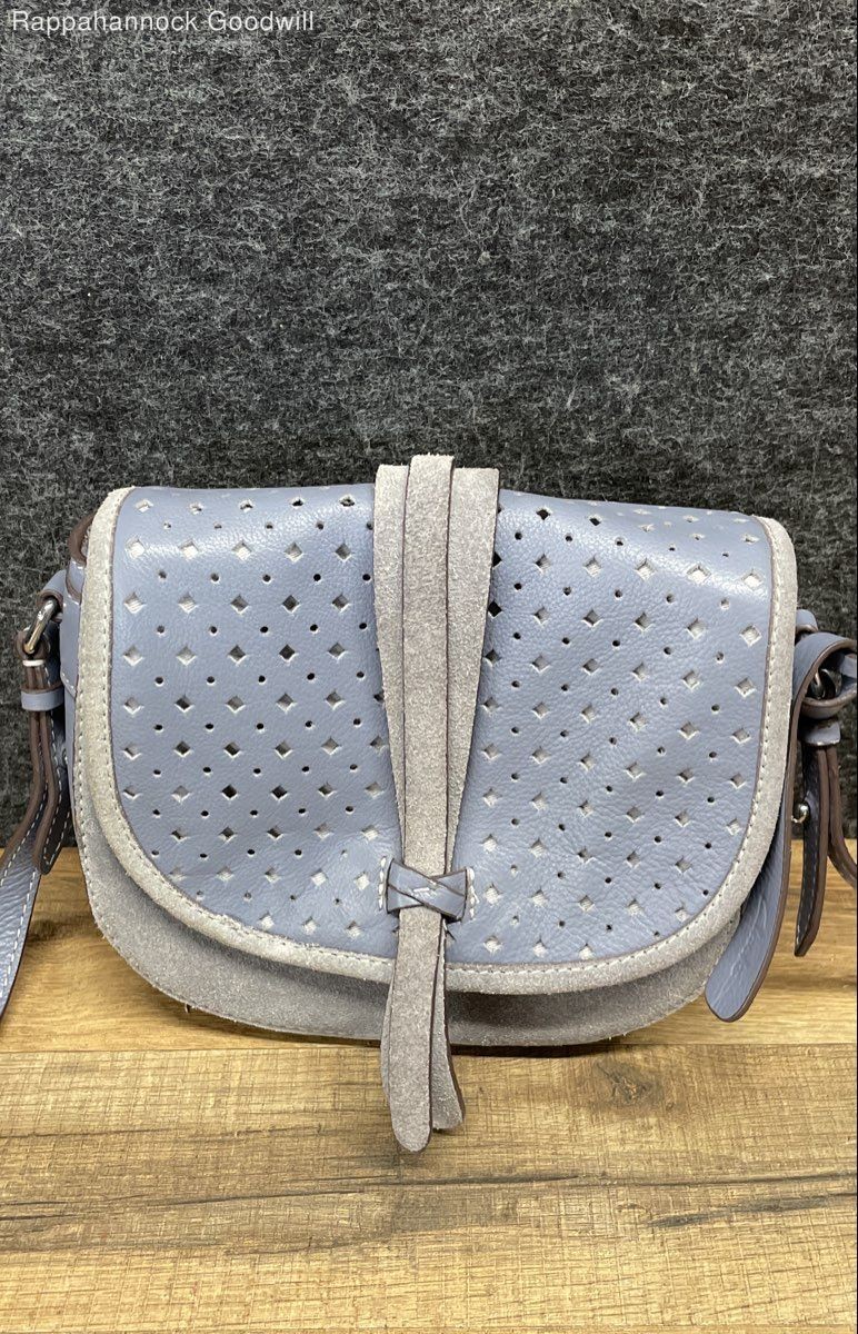 Clarks Blue Pebbled Leather Laser Cut Suede Trim Crossbody Shoulder Saddle Bag