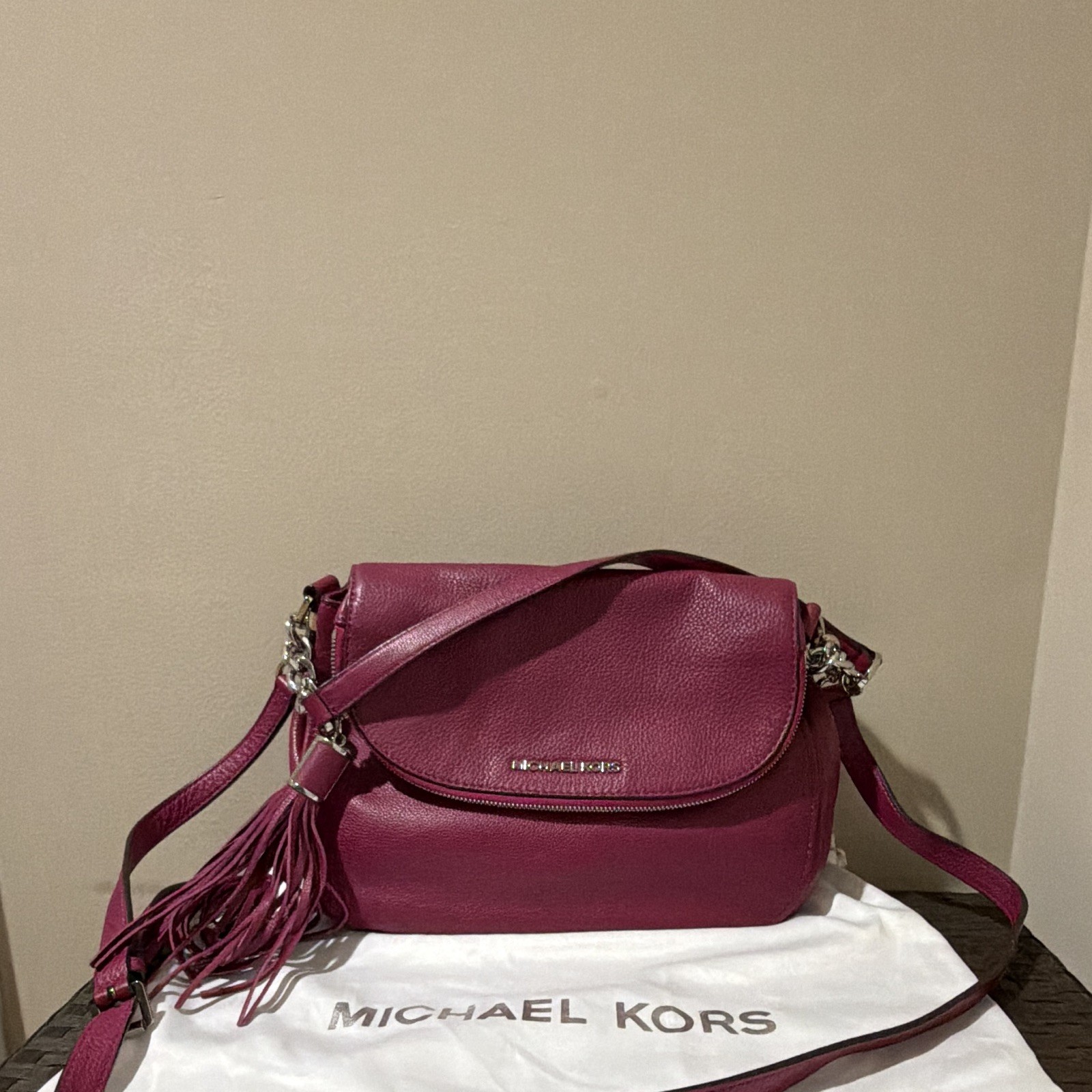 Michael Kors Burgundy Pebbled Logo Crescent Shoulder Bag Tassel Zip Pockets