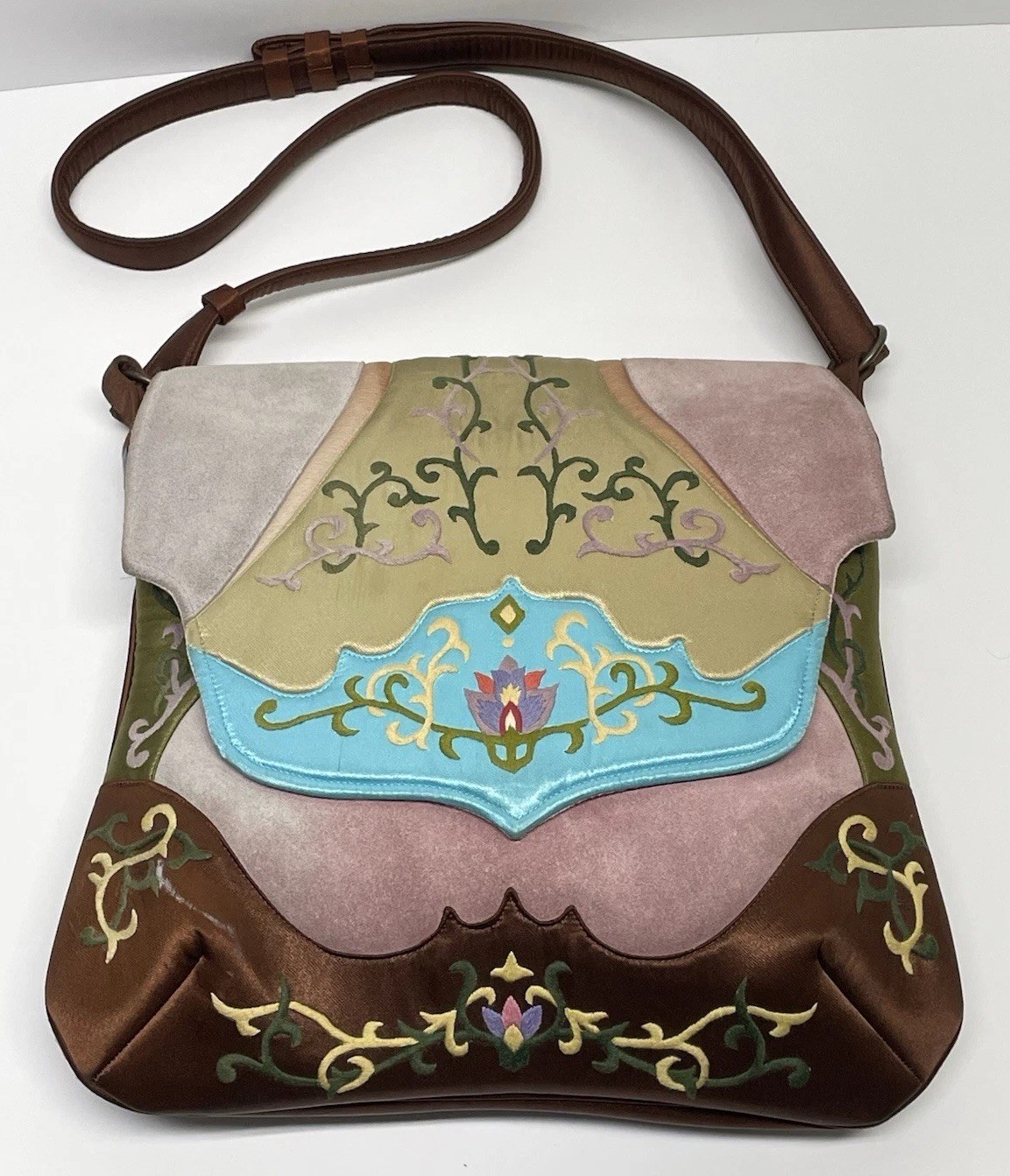 “Frozen” Embroidered Suede Satin Oovoo Crossbody Bag Evergreen Brown Multi Retro