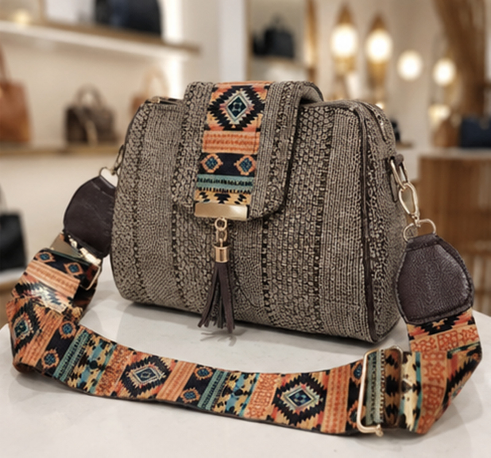 Boho Crossbody Bag for Women, Woven Fabric Messenger Purse
