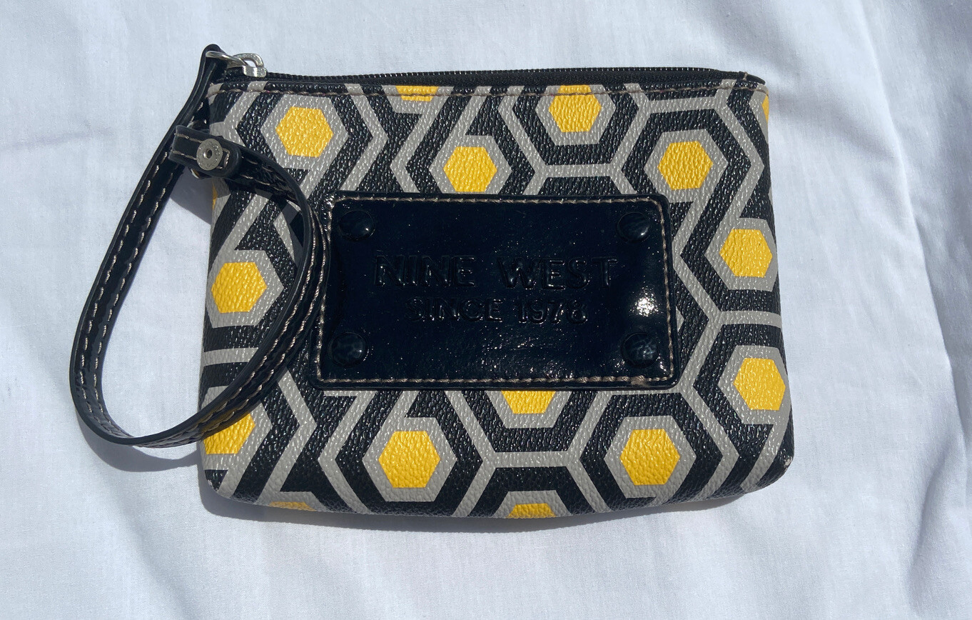 NINE WEST Shoulder Tote Bag With Matching Wristlet Black Grey & Yellow Striped