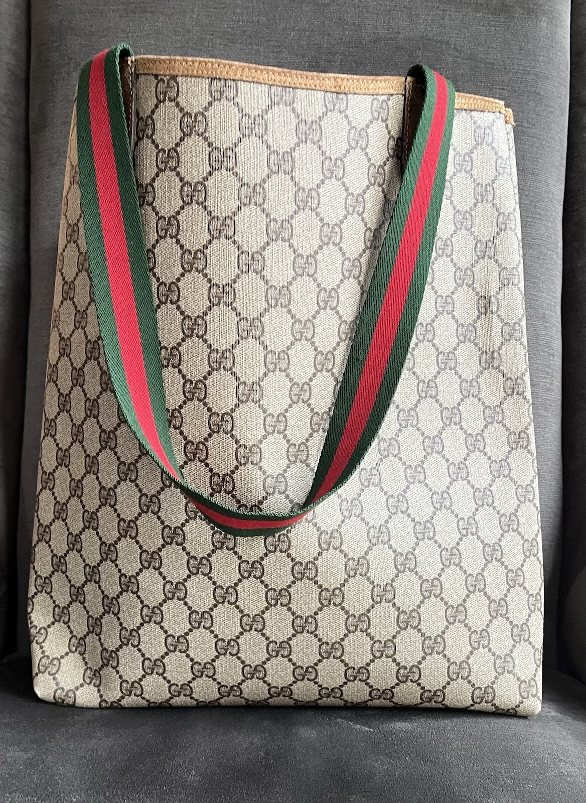 Vintage Gucci GG Monogram Canvas Tote Bag Web Stripe Leather Italy