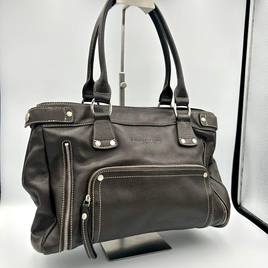 Longchamp Dark Brown Leather Handbag Tote Silver Studded Business 35cm
