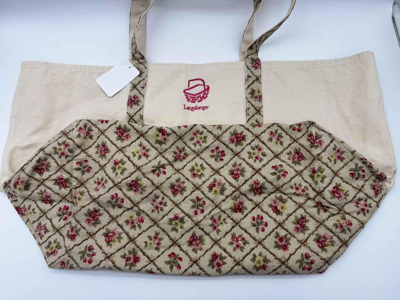 Longaberger Embroidered Canvas Casserole Tote Bag Floral LARGE 15H x 26L x 9.5W